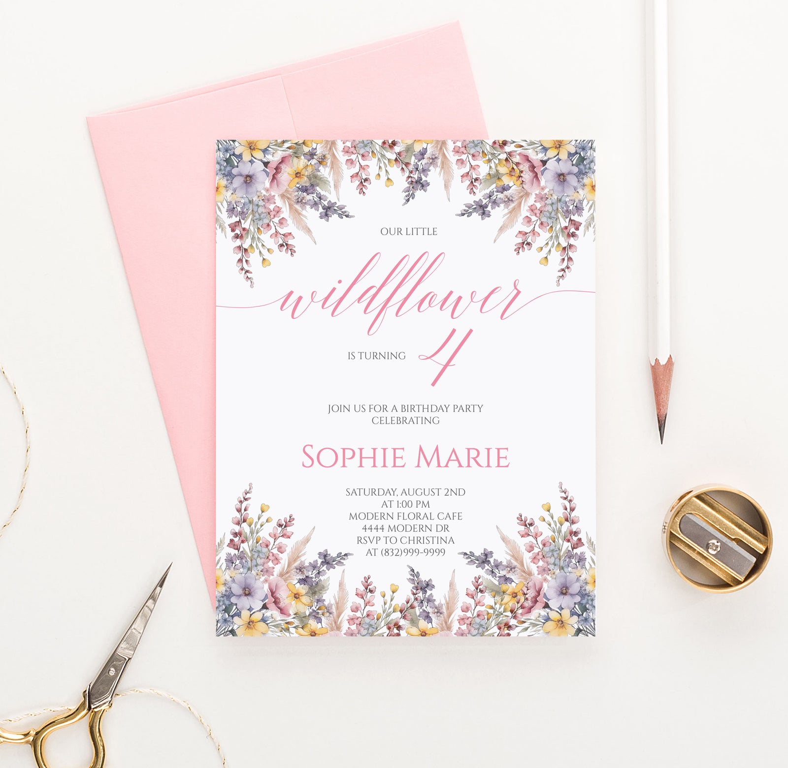 Classic Our Little Wildflower Birthday Invitation Card Choose Your Age