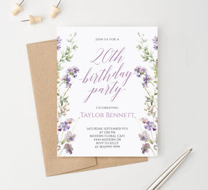 Classy Purple Floral 20th Birthday Invitation Or Choose Your Age