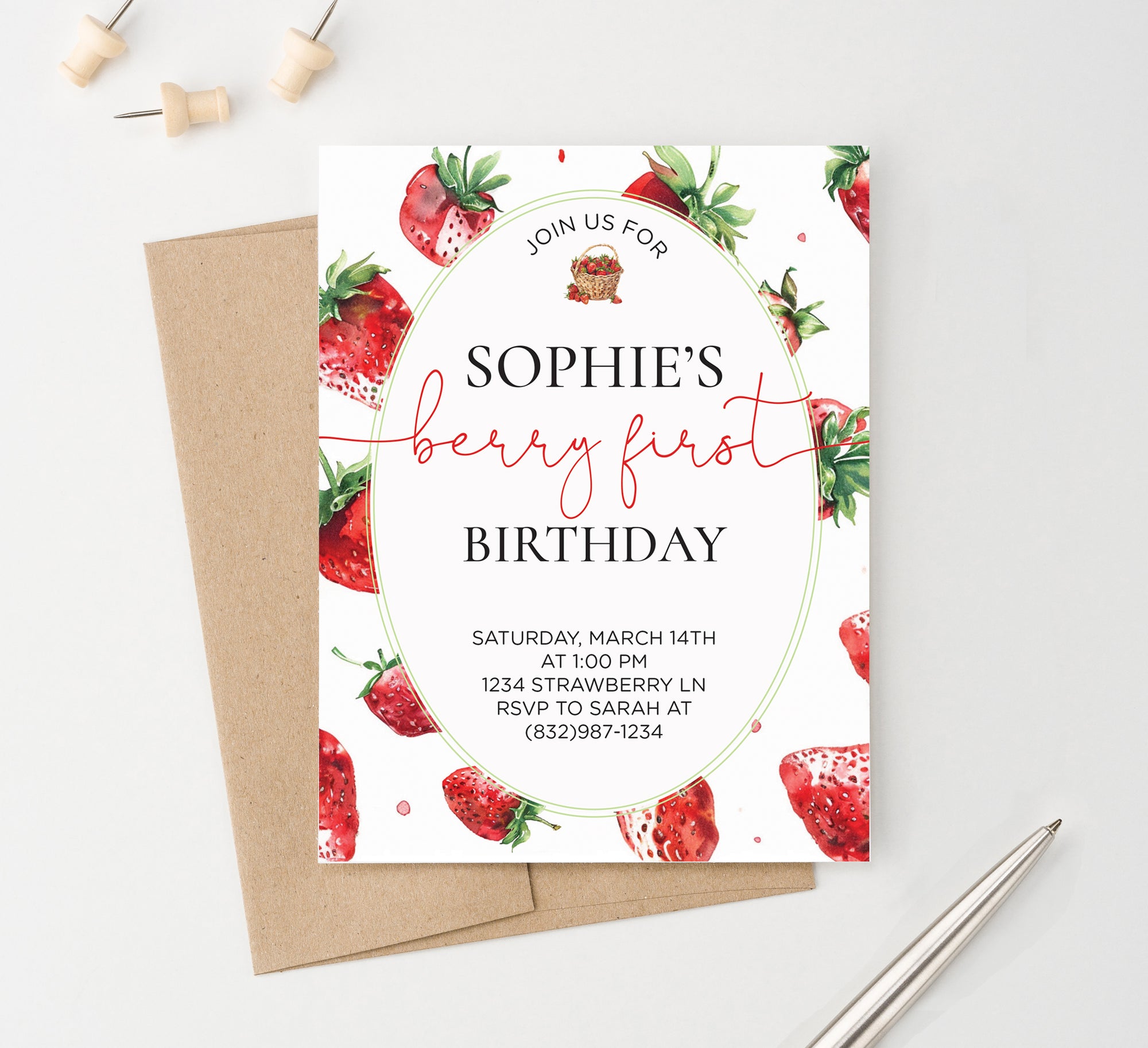 Cute Personalized Berry First Birthday Invitations With Strawberries