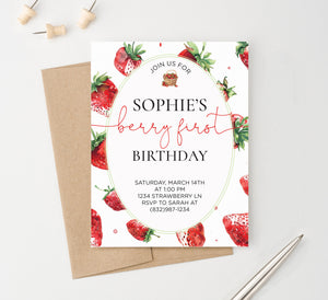 Cute Personalized Berry First Birthday Invitations With Strawberries