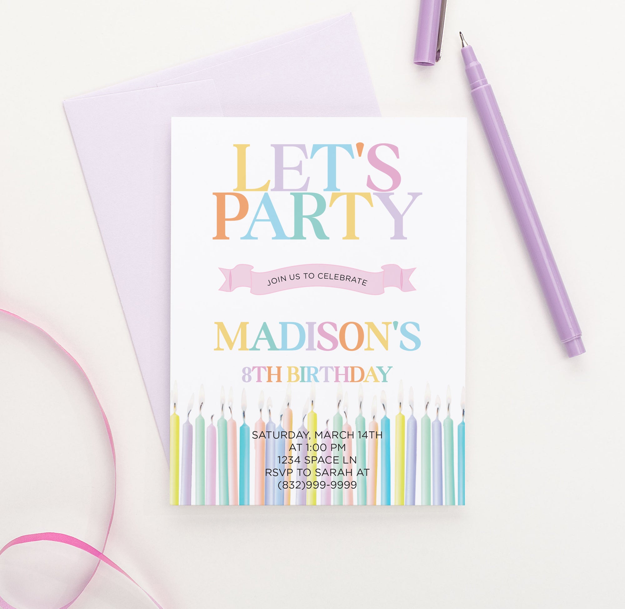 Personalized Let's Party Invitation With Candles For Girls