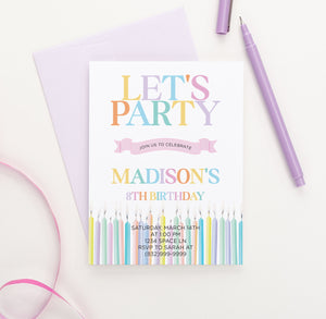 Personalized Let's Party Invitation With Candles For Girls