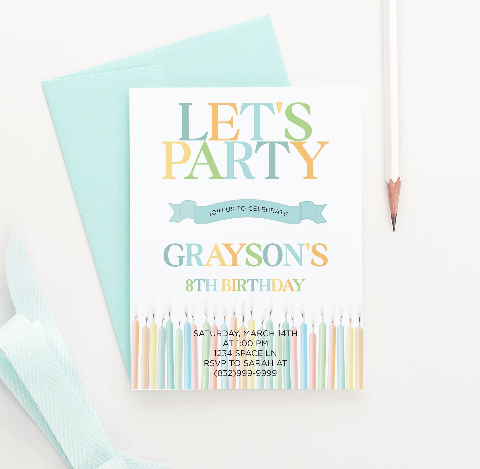 Personalized Let's Party Invitation With Candles For Boy