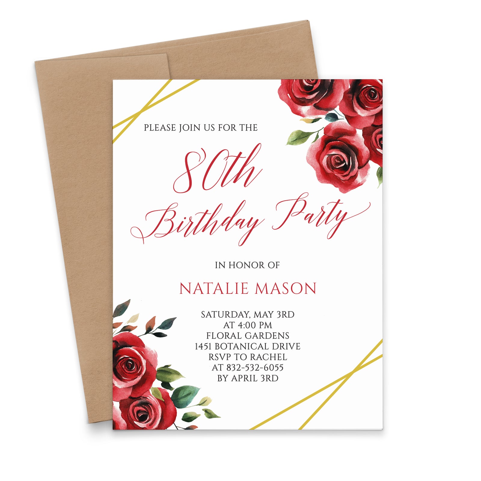 Red And Gold Personalized Birthday Party Invitations With Roses