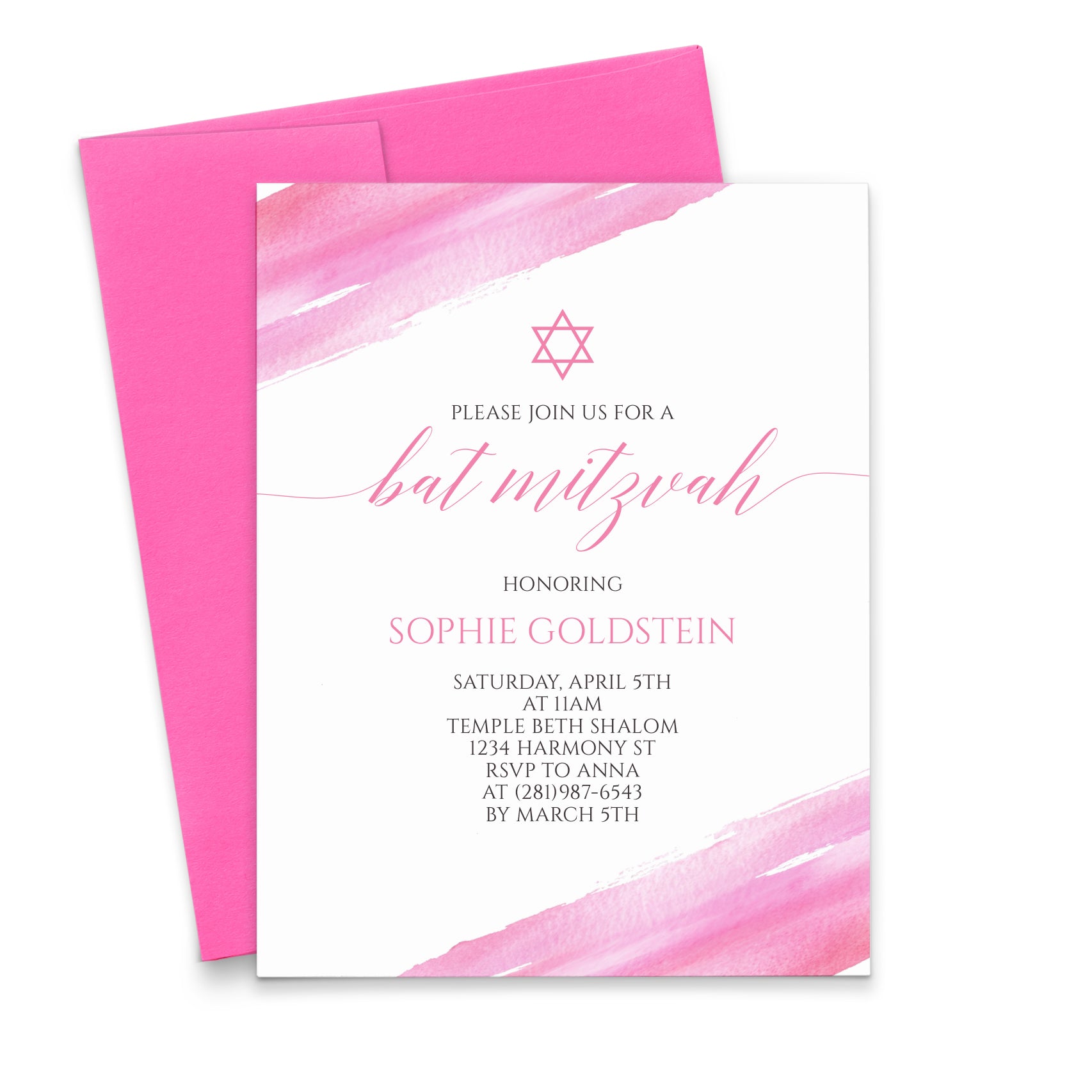 Custom Pink Modern Bat Mitzvah Invitations Watercolor