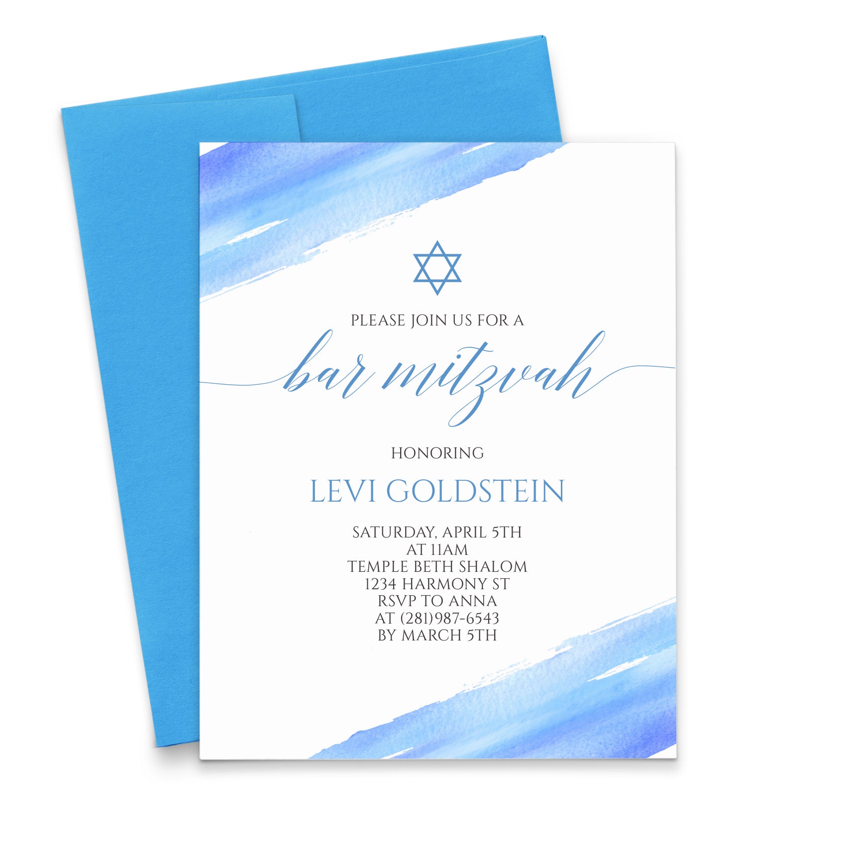 Watercolor Custom Bar Mitzvah Invitations With Blue Star