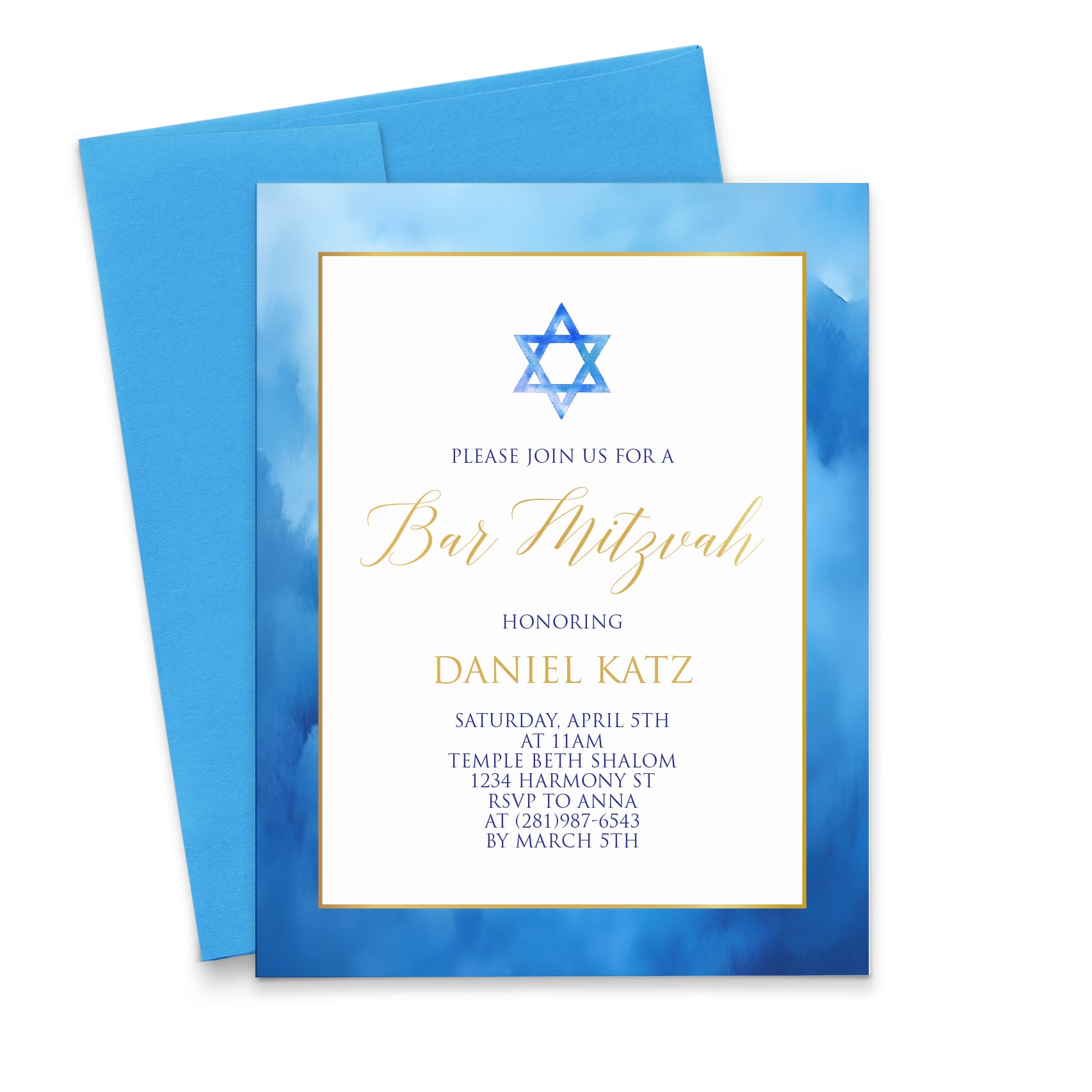 Blue And Gold Elegant Bar Mitzvah Invitations