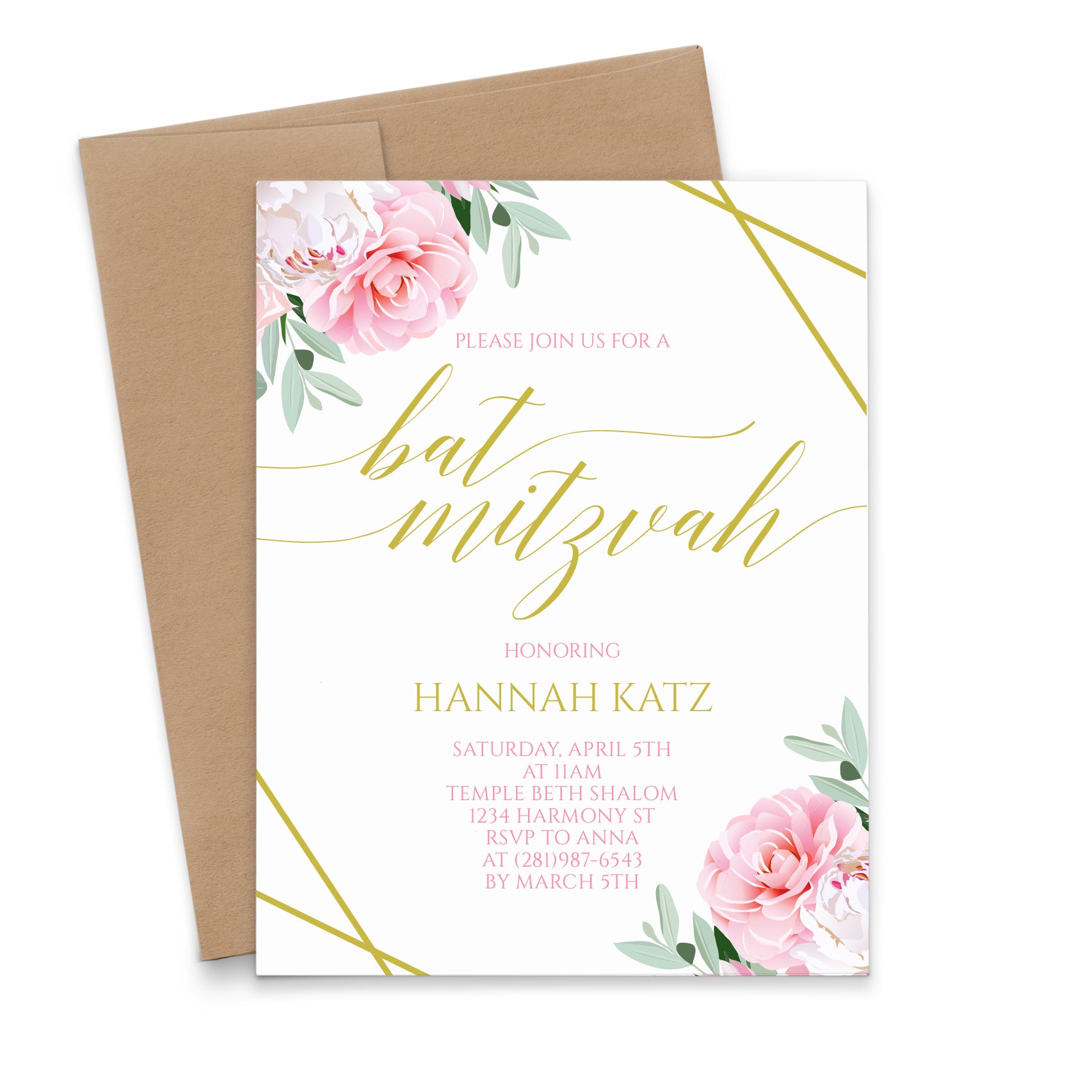 Elegant Custom Bar Mitzvah Invitations With Pink Florals