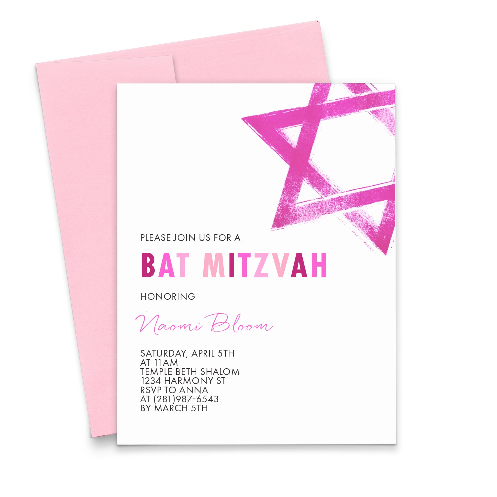 Unique Pink Bat Mitzvah Invitations With Star Of David