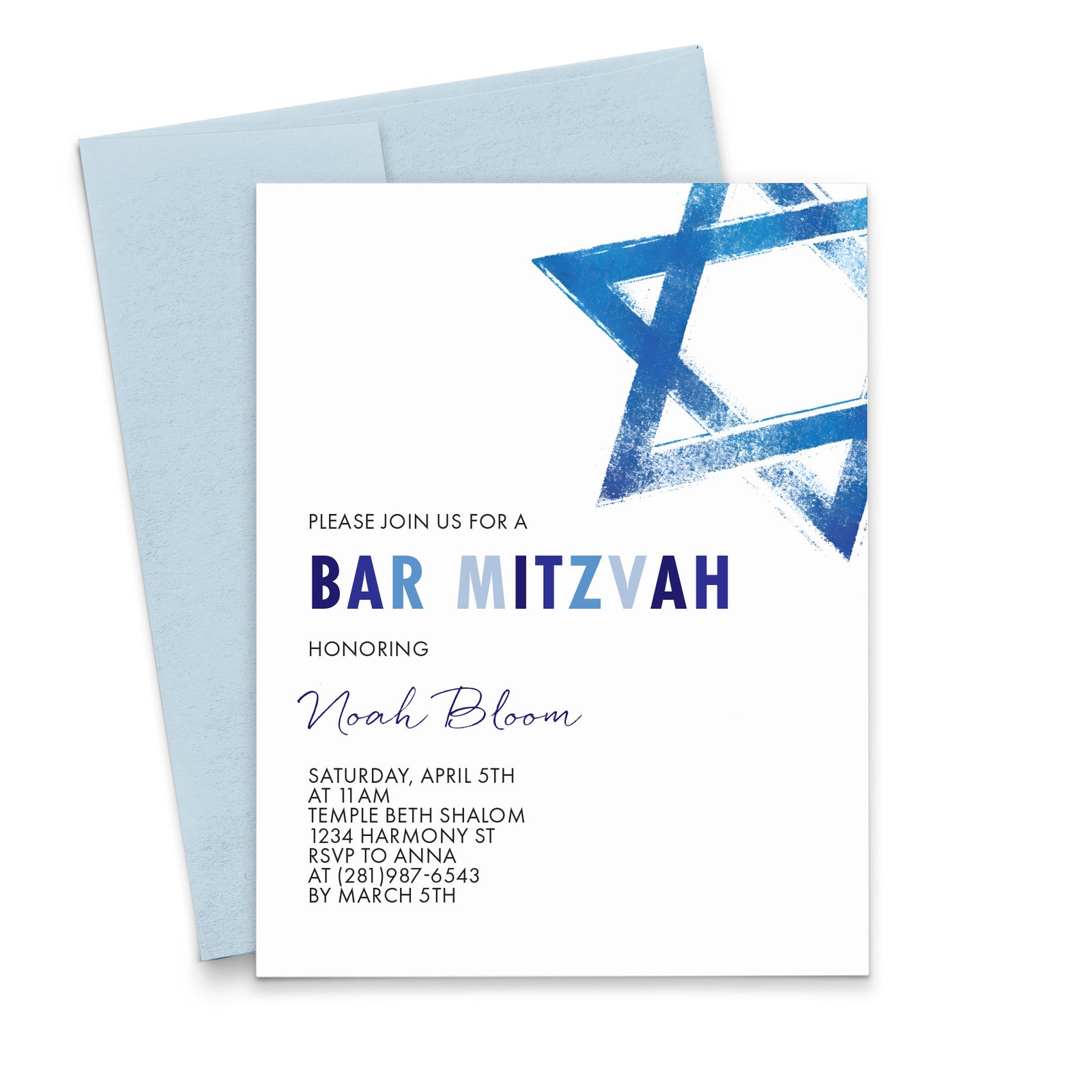 Basic Blue Bar Mitzvah Invite With Star Of David