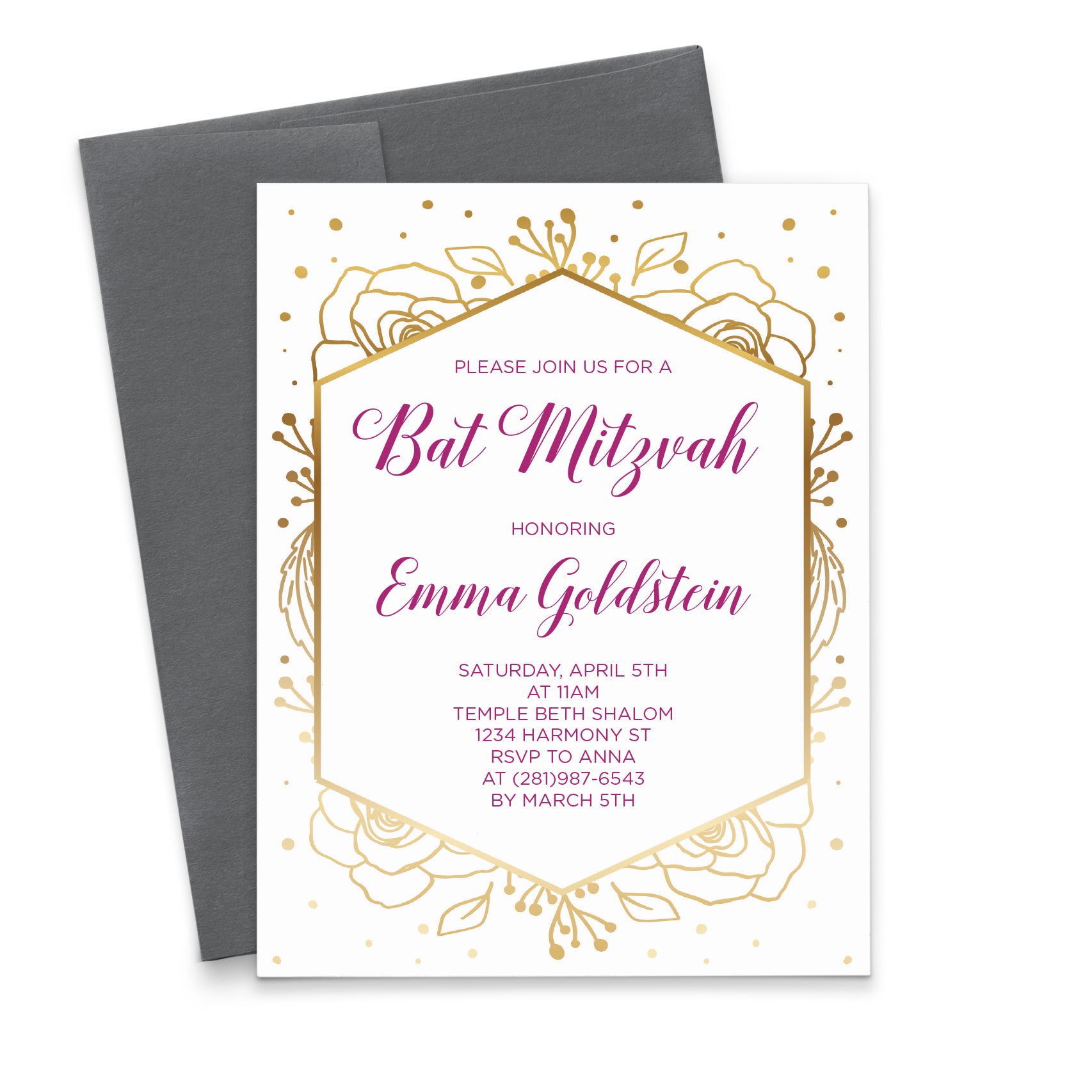 Burgundy And Gold Bat Mitzvah Invitations With Flowers