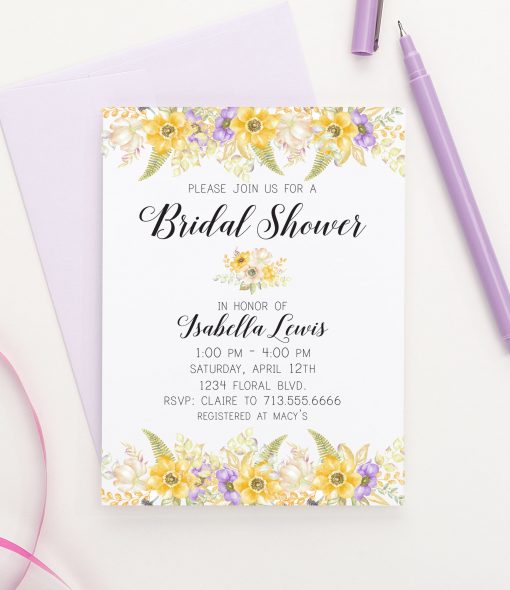 Personalized Yellow And Purple Floral Bridal Shower Invitations