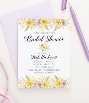 Personalized Yellow And Purple Floral Bridal Shower Invitations