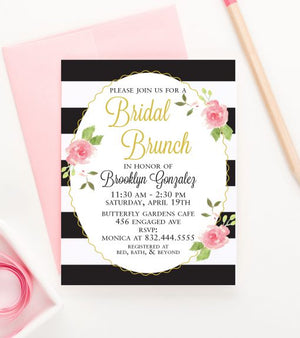 Custom Black And Gold Bridal Shower Invitations With Pink Florals