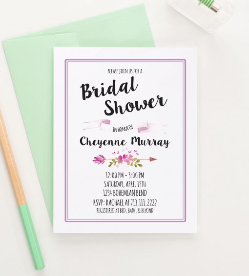 Personalized Purple Bridal Shower Invitations With Floral Arrow
