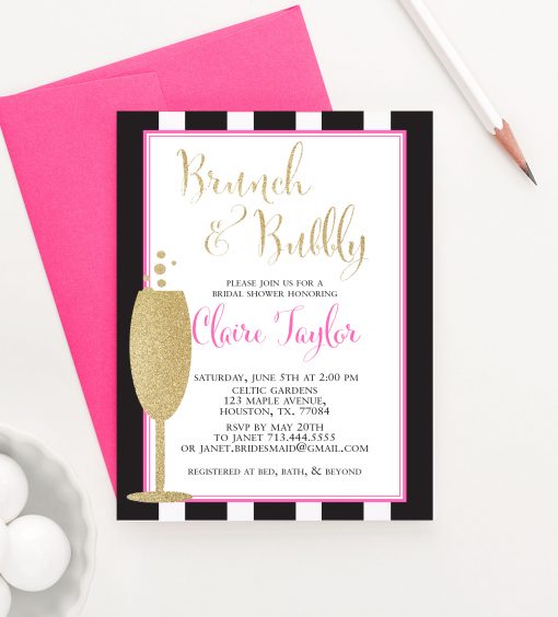 Personalized Gold Glitter Brunch And Bubbly Bridal Shower Invitations 
