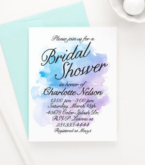Artistic Watercolor Blue And Purple Custom Bridal Shower Invitations
