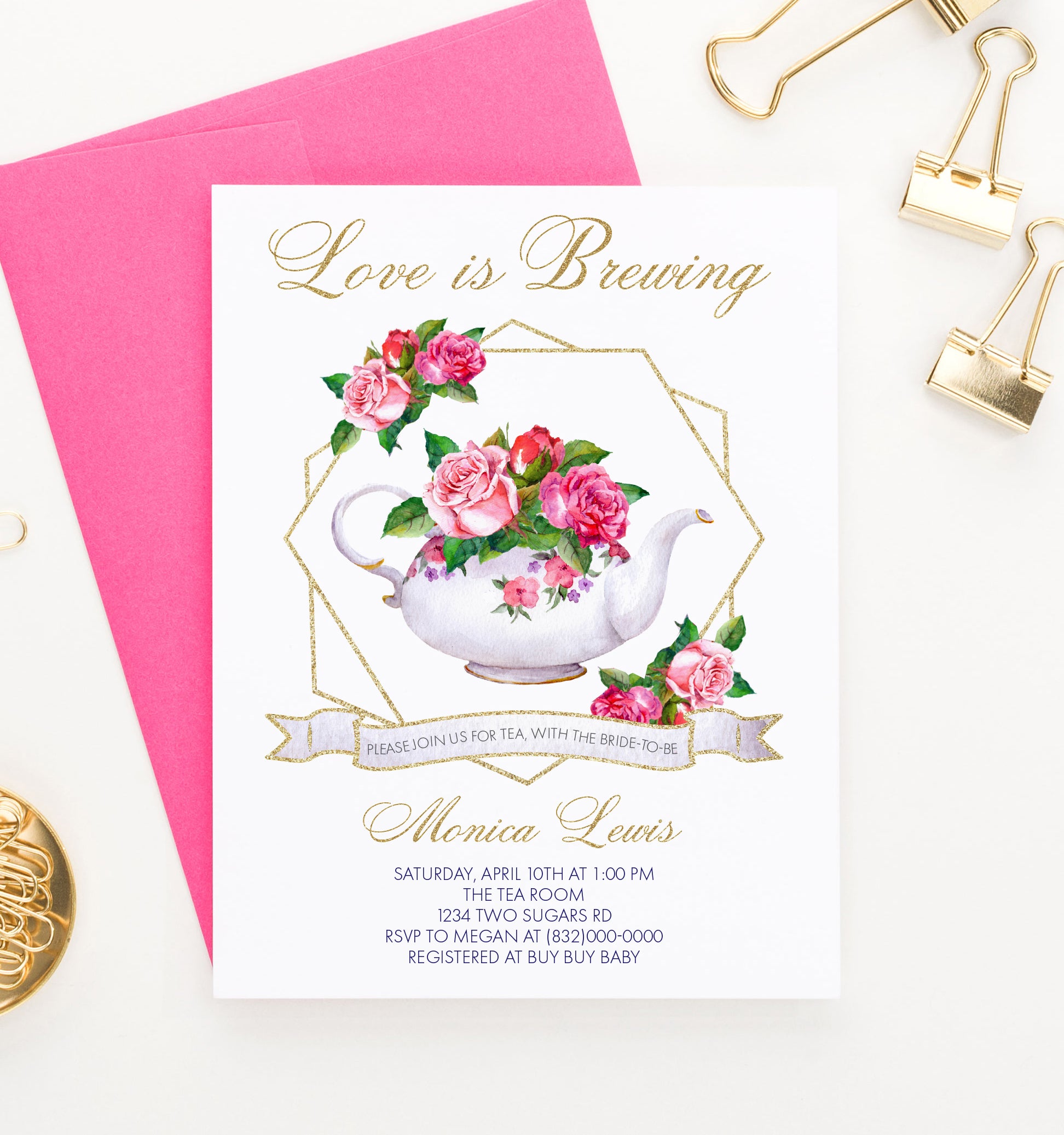 Love Is Brewing Tea Party Bridal Shower Invitations Personalized