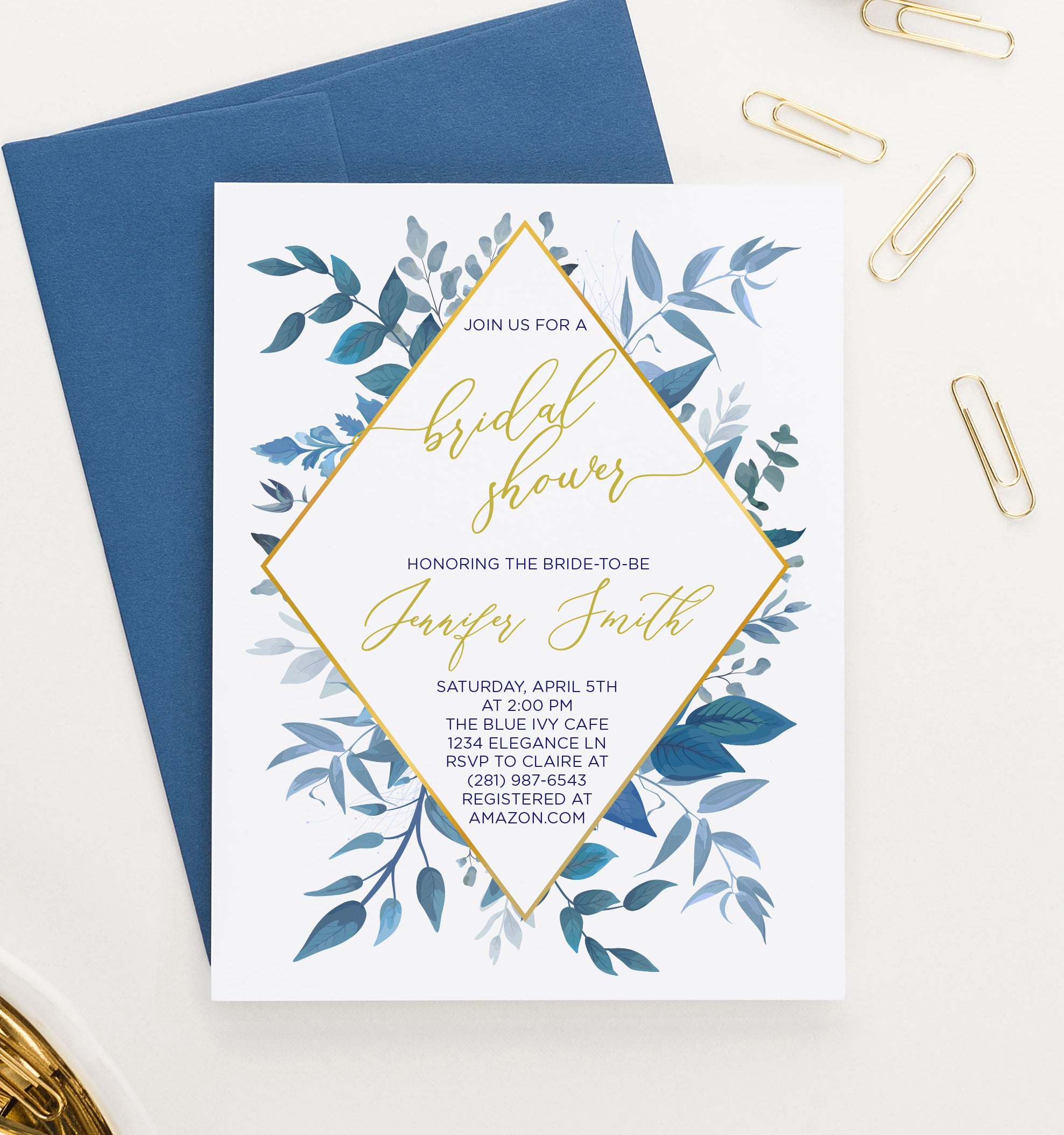 Customized Elegant Blue Greenery Bridal Shower Invitations
