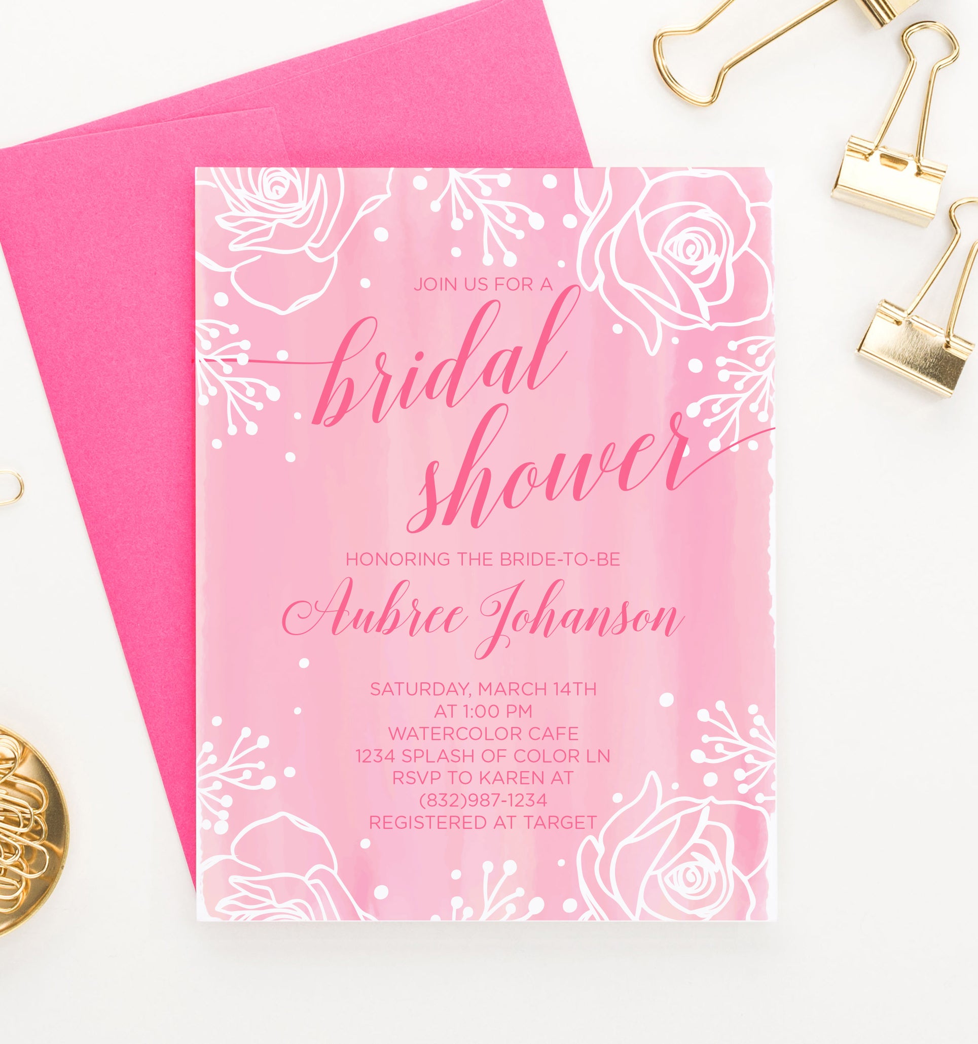 Pink Watercolor White Floral Bridal Shower Invitations Personalized