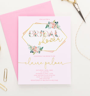 Personalized Pink Floral Bridal Shower Invitations With Modern Gold Frame