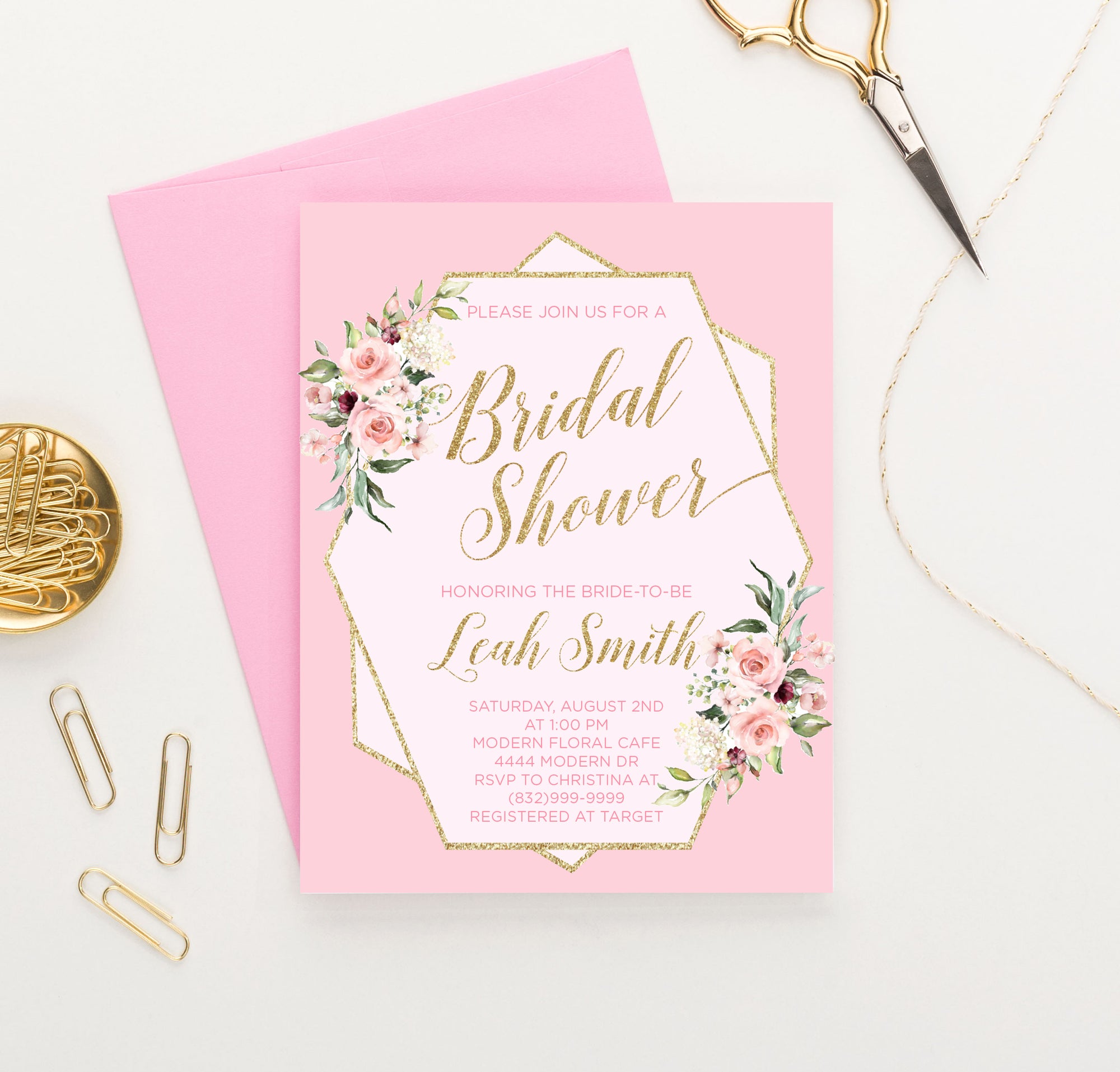 Gold Glitter Frame Floral Pink Bridal Shower Invitations Personalized