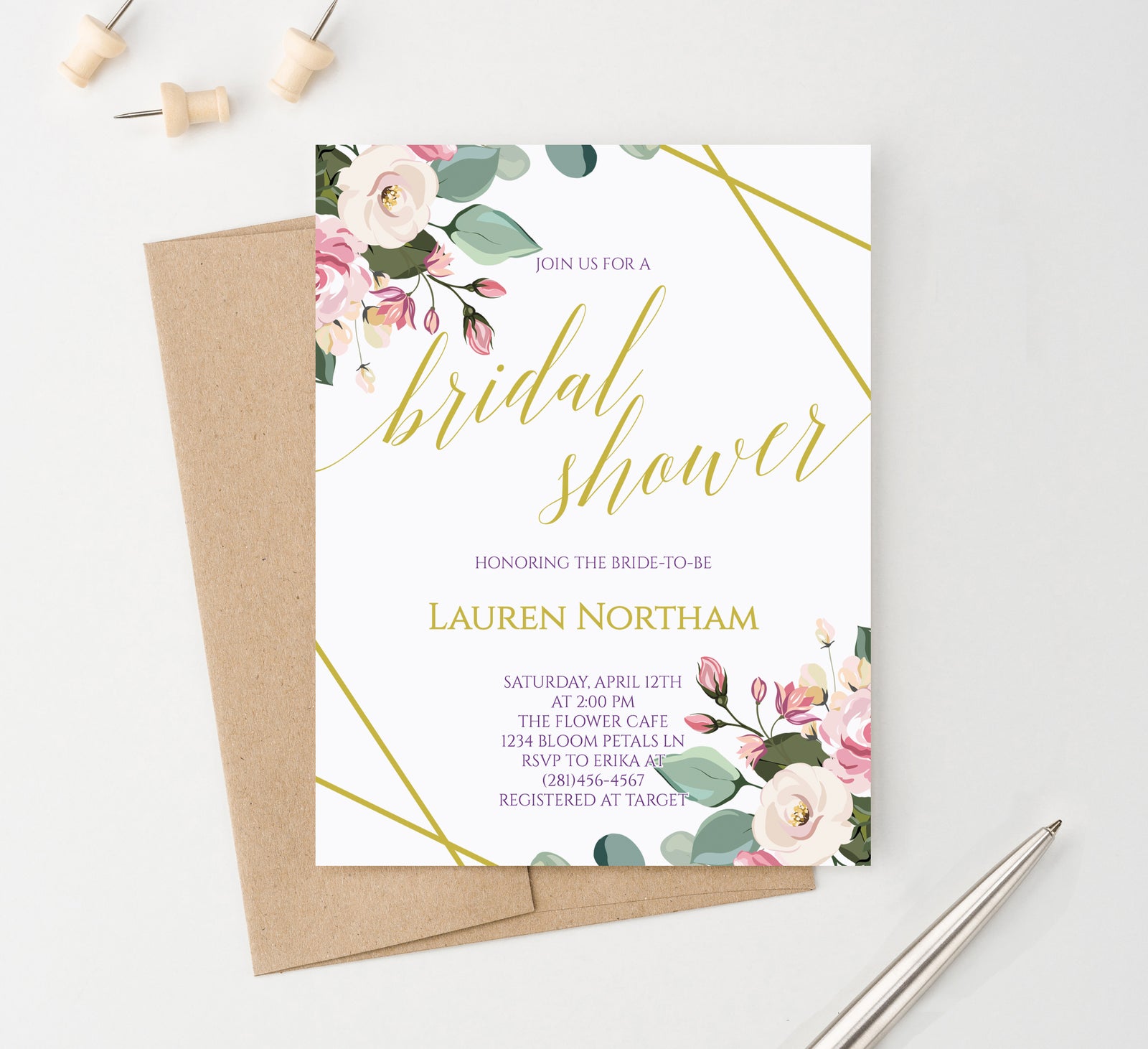 Personalized Modern Bridal Shower Invitations With Floral Corners