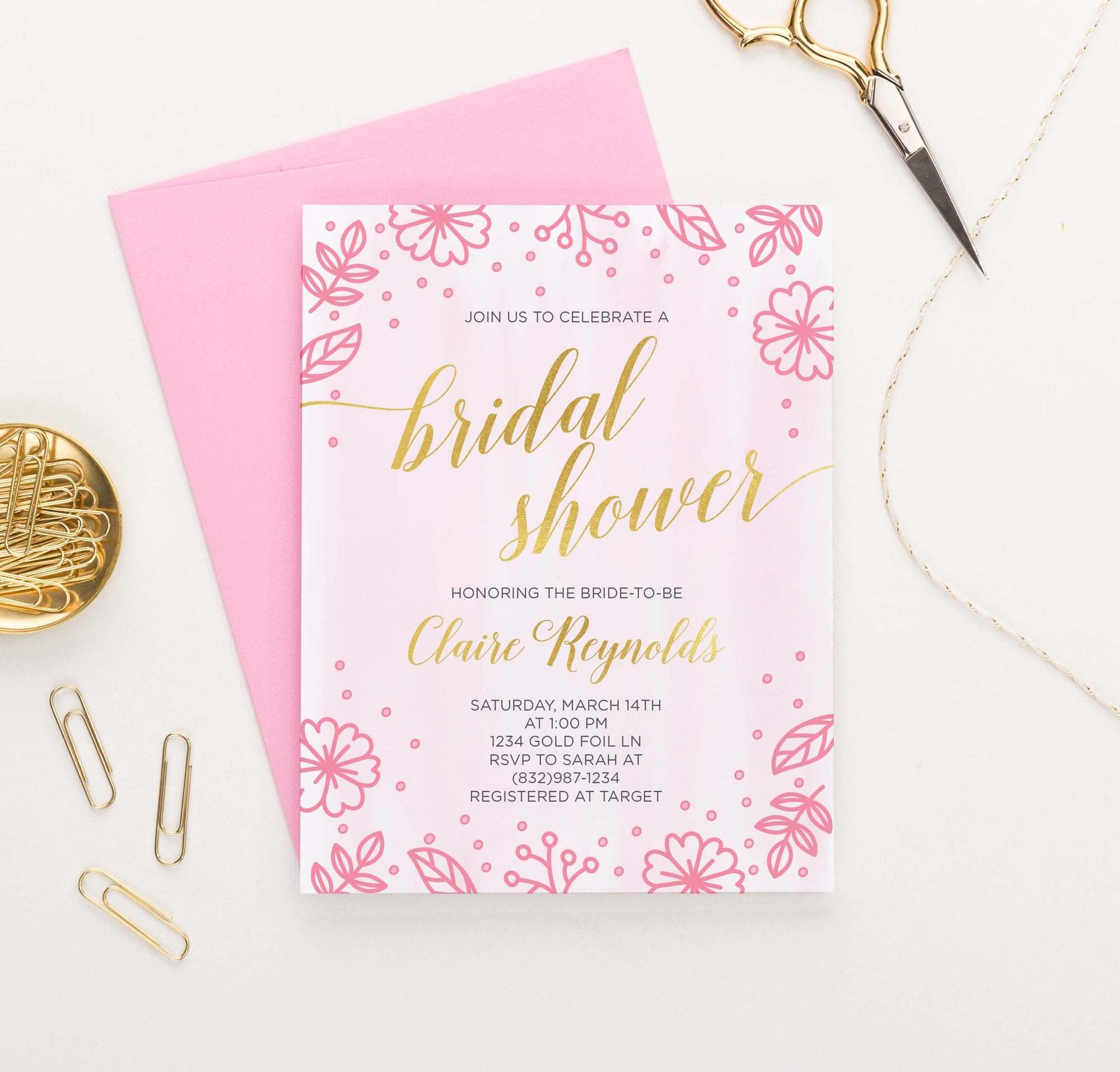 Watercolor Pink Floral Bridal Shower Invitations Personalized