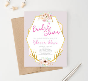 Floral Deer Antlers Personalized Bridal Shower Invitations With Gold Frame