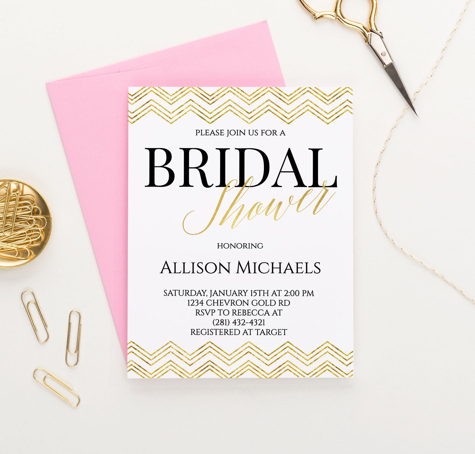 Gold Chevron Bridal Shower Invitations Customized