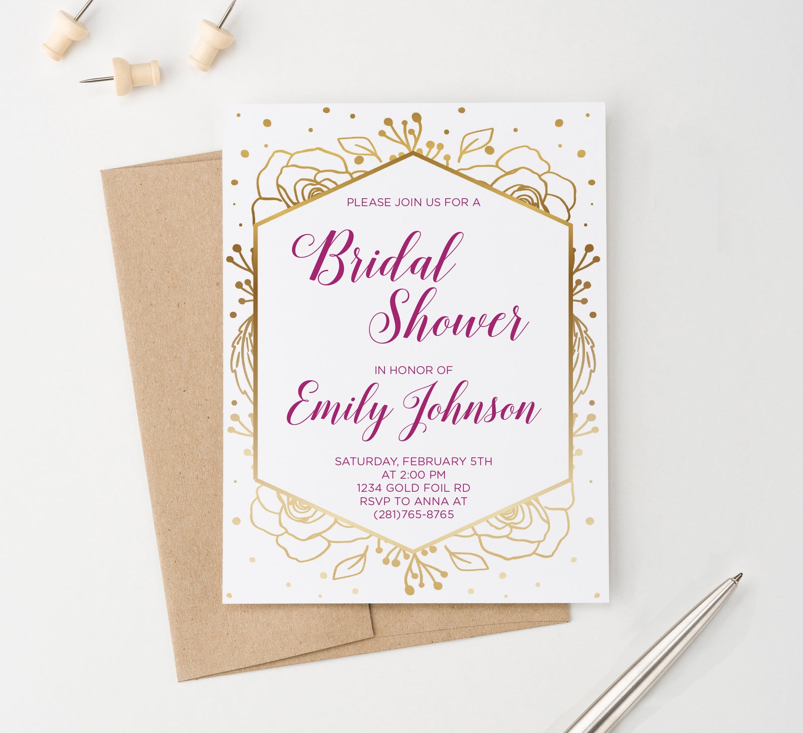 Gold Floral Frame Bridal Shower Invitations Personalized
