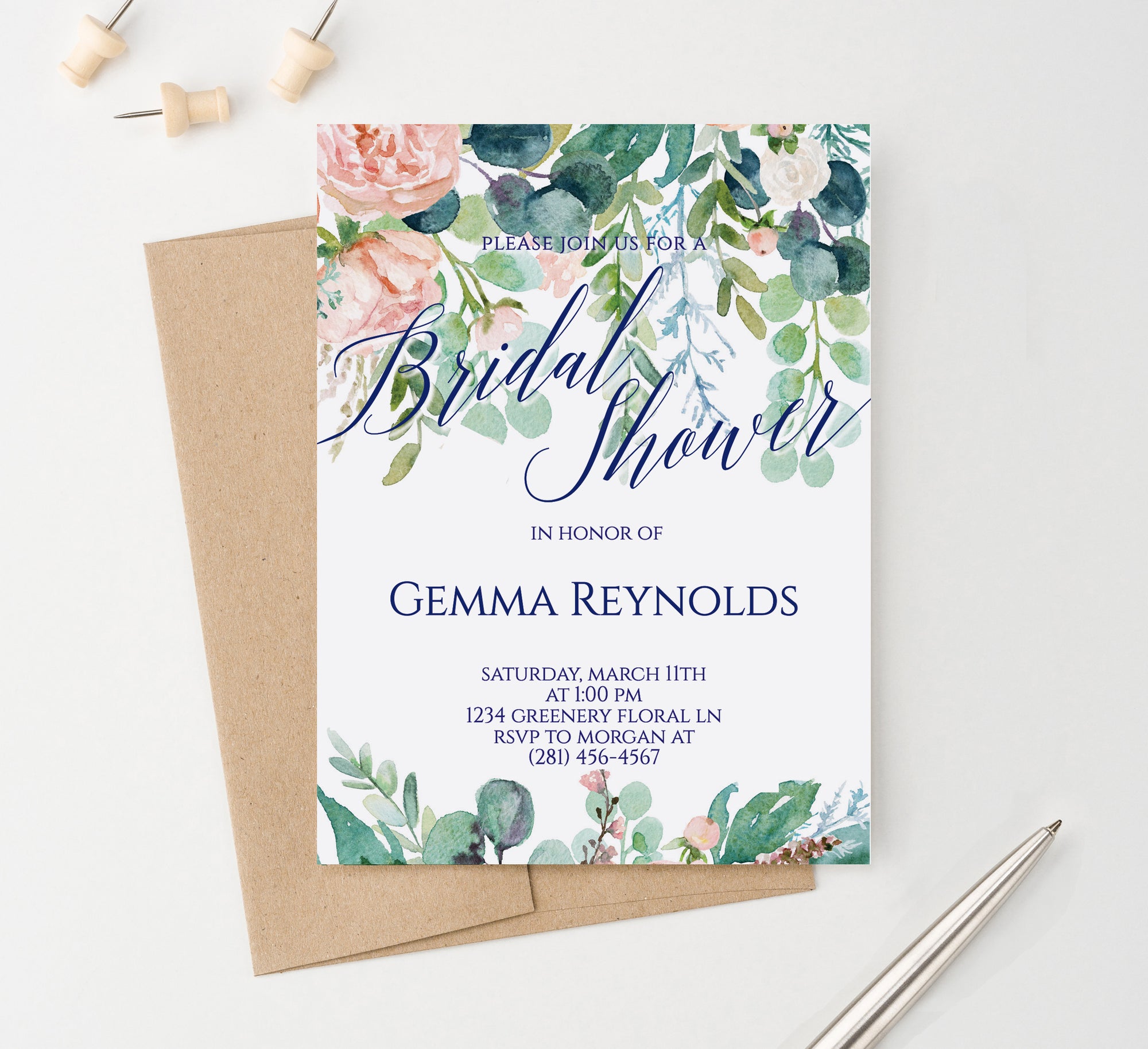 Personalized Greenery Bridal Shower Invitations Watercolor
