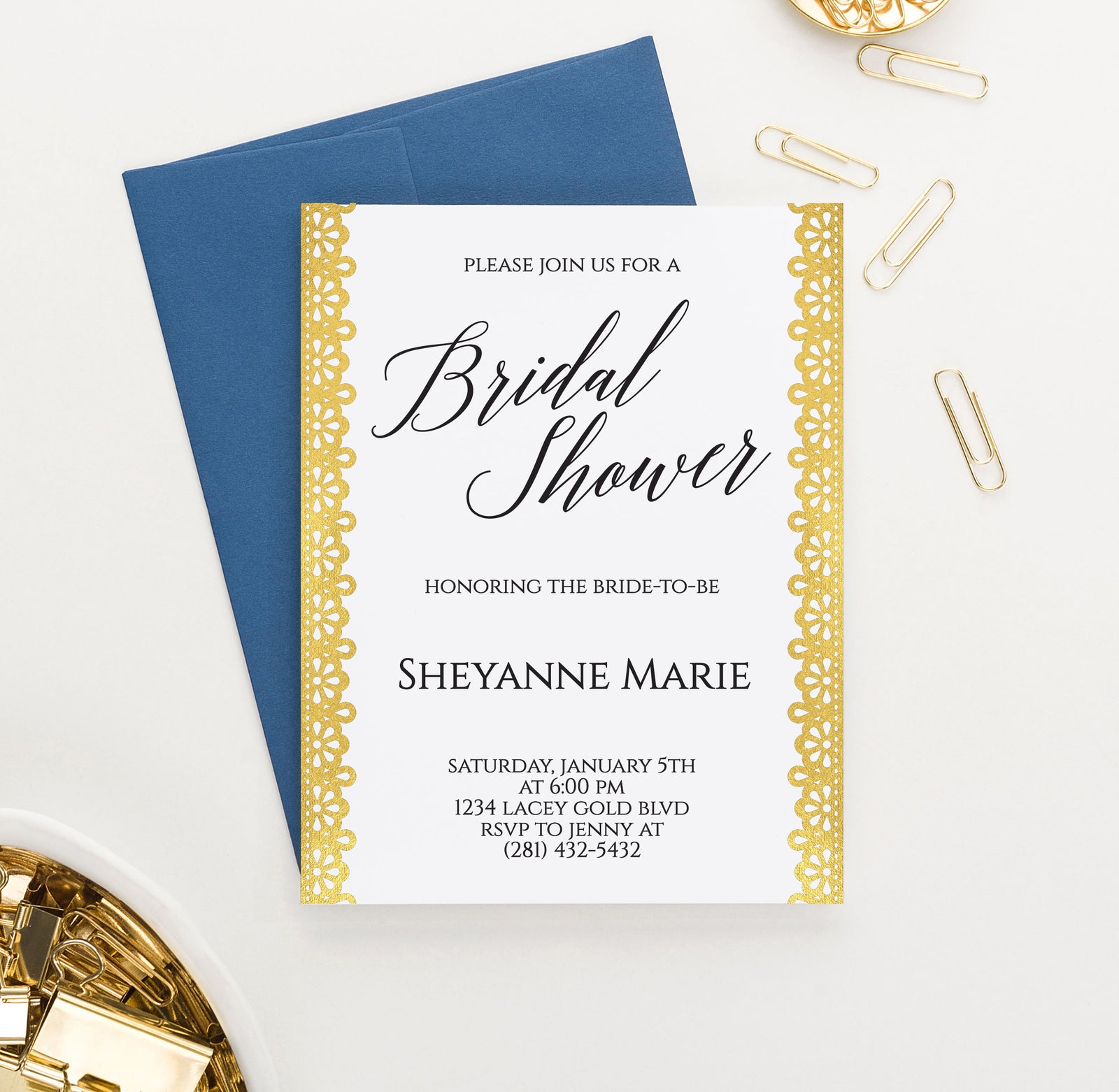 Lace Gold Bridal Shower Invitations Personalized
