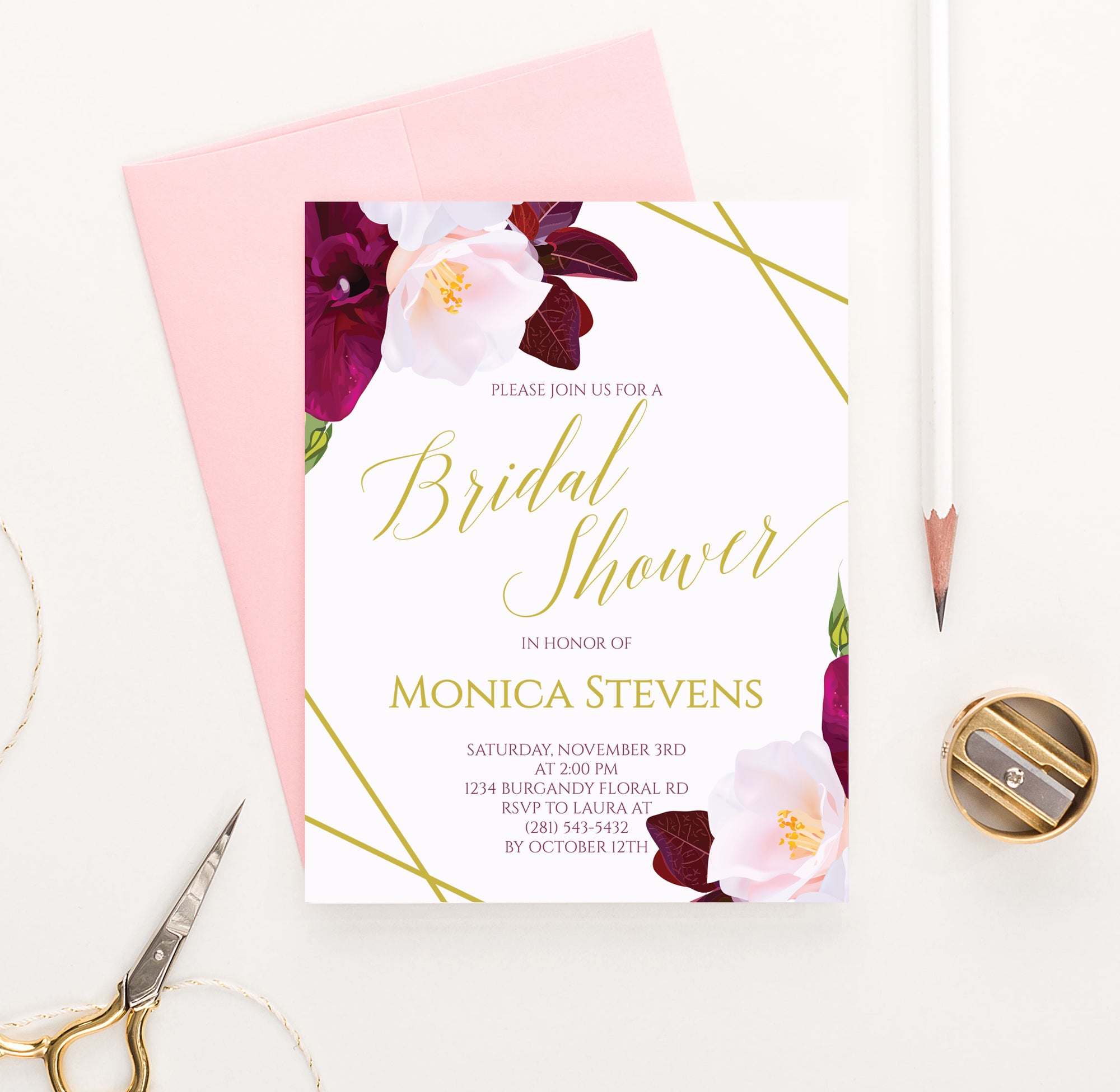 Burgundy And Pink Floral Bridal Shower Invitations Personalized