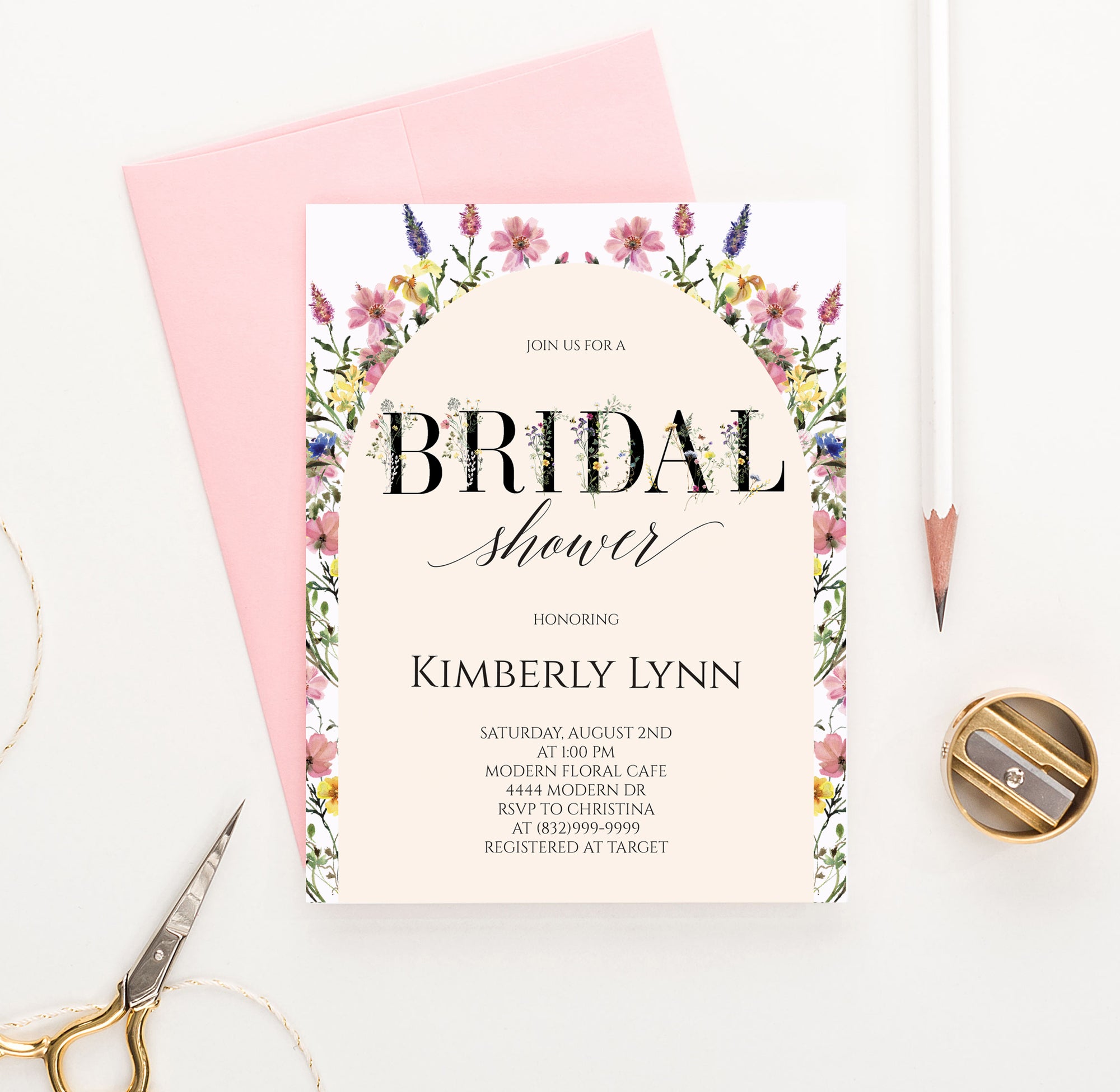Modern Bridal Invitations With Wildflower Arch