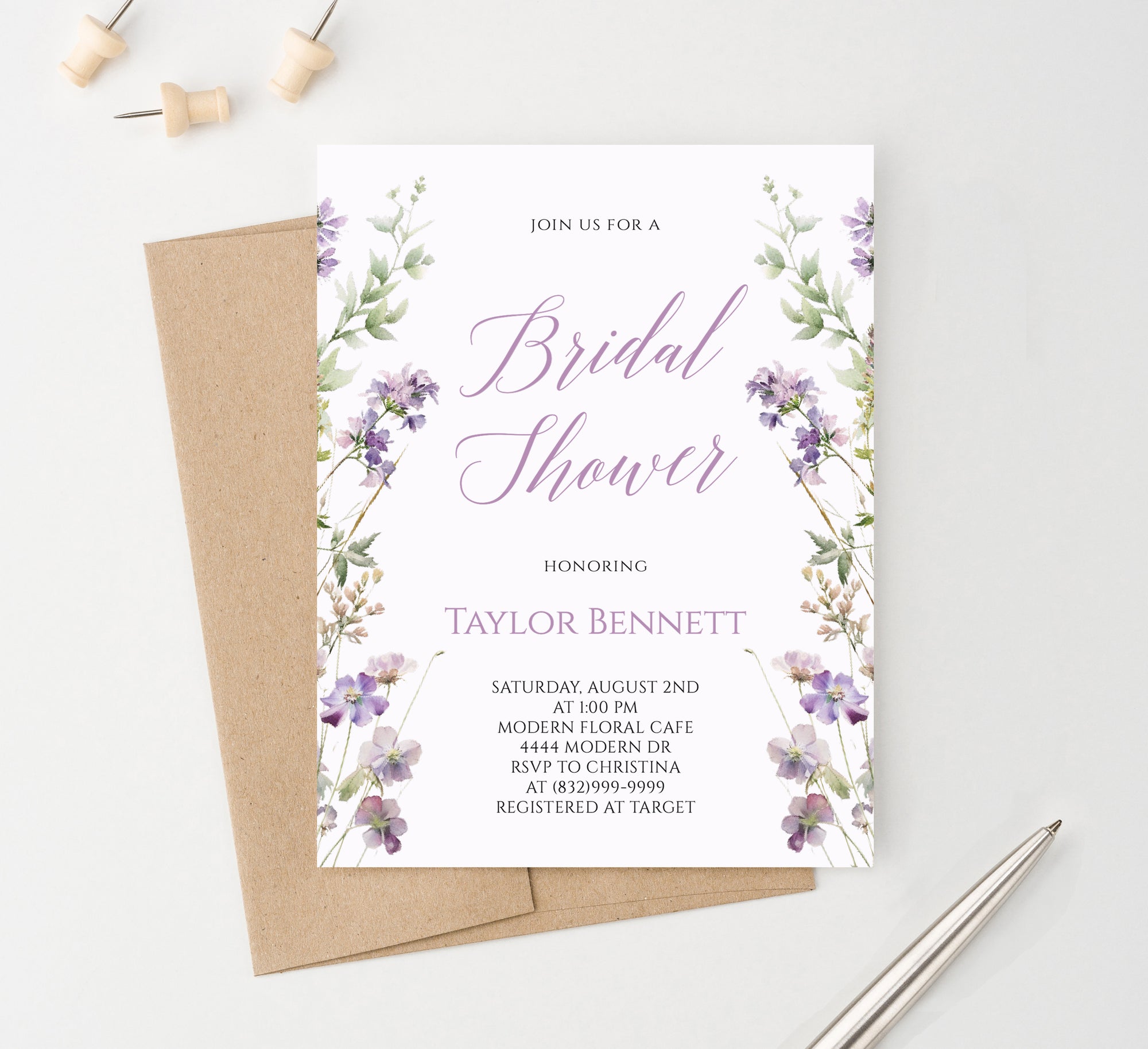 Classic Purple Floral Bridal Shower Invitations