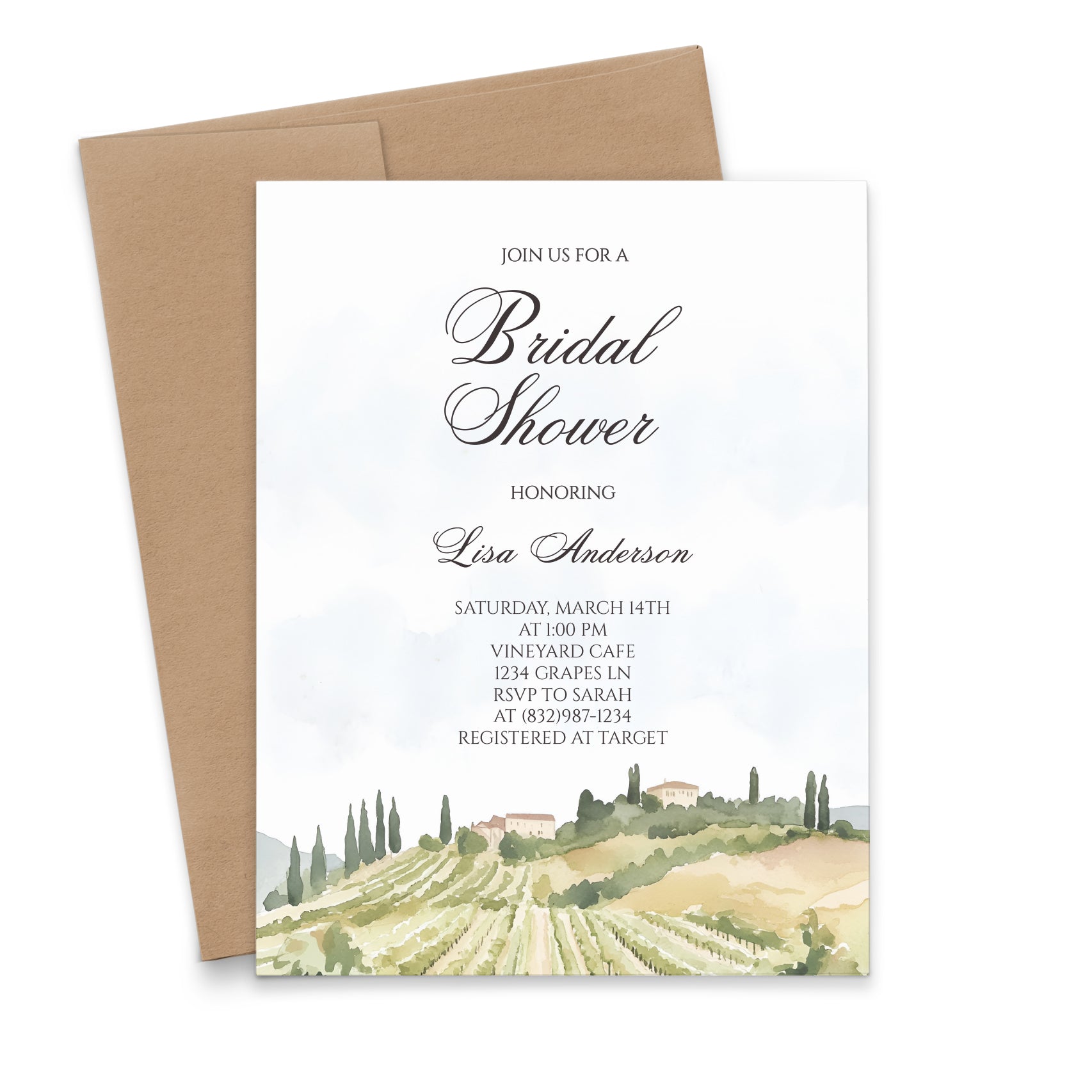 Vineyard Theme Bridal Shower Invitations With Greenery