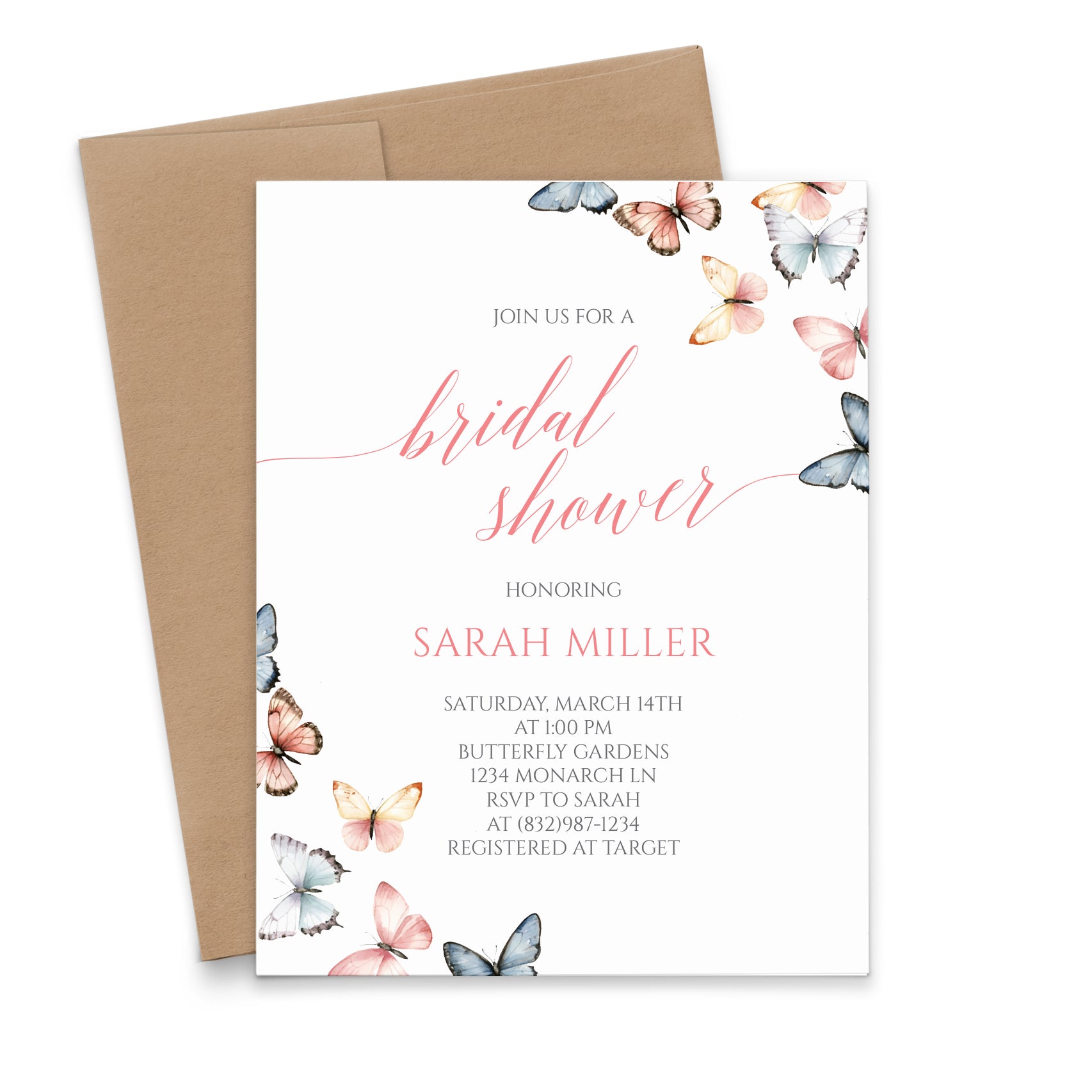 Pink And Blue Bridal Shower Invitations With Butterflies