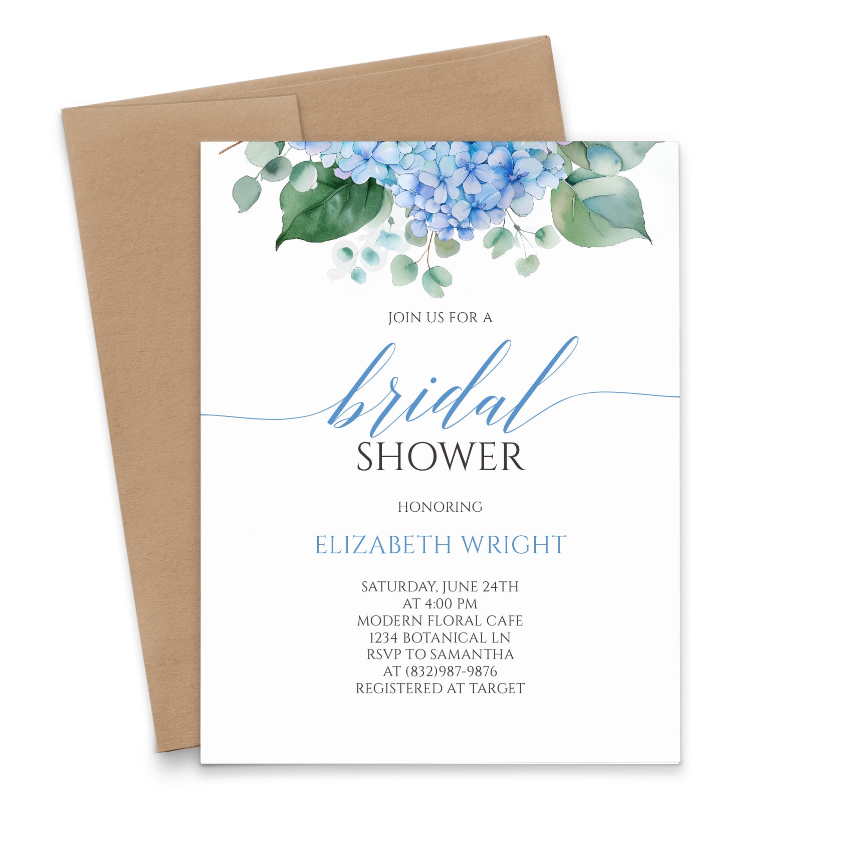 Elegant Bridal Shower Invitations With Blue Hydrangeas