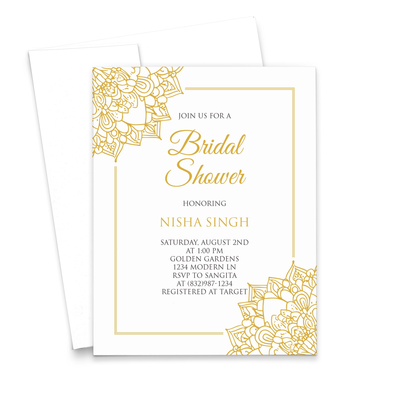 Gold And White Bridal Shower Invitations With Border