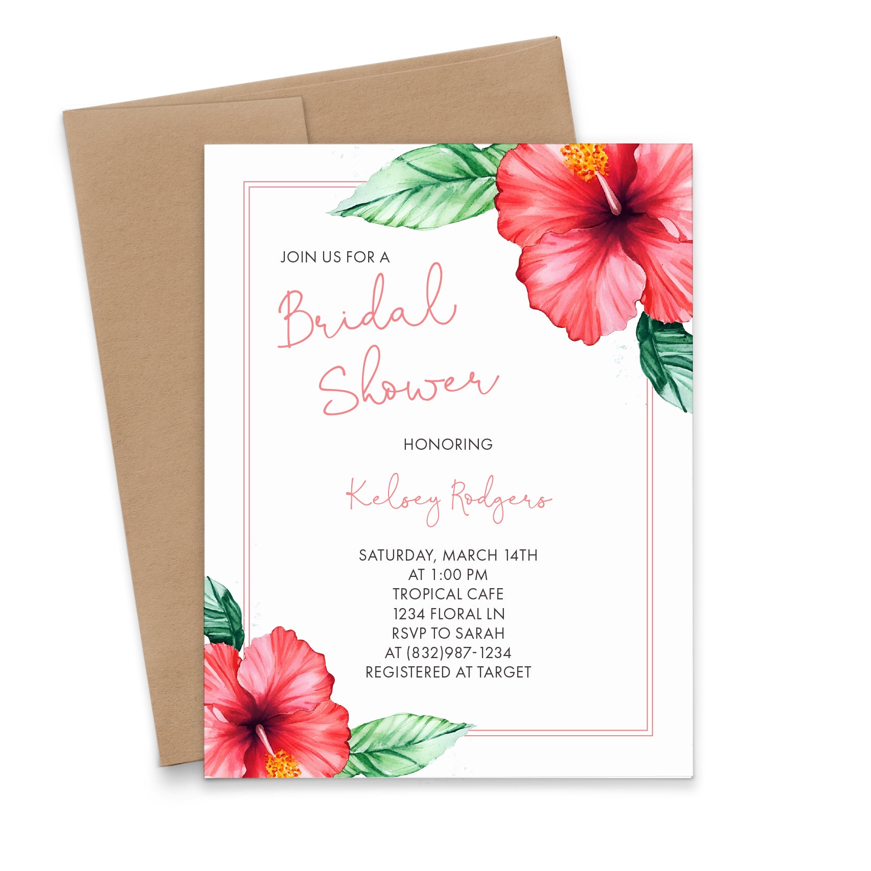 Tropical Bridal Shower Invitations With Hibiscus Flowers