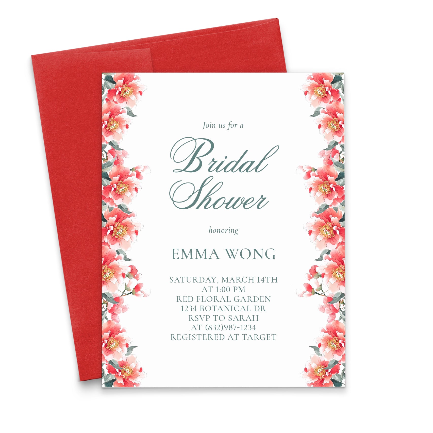 Elegant Bridal Shower Invitations With Red Flowers