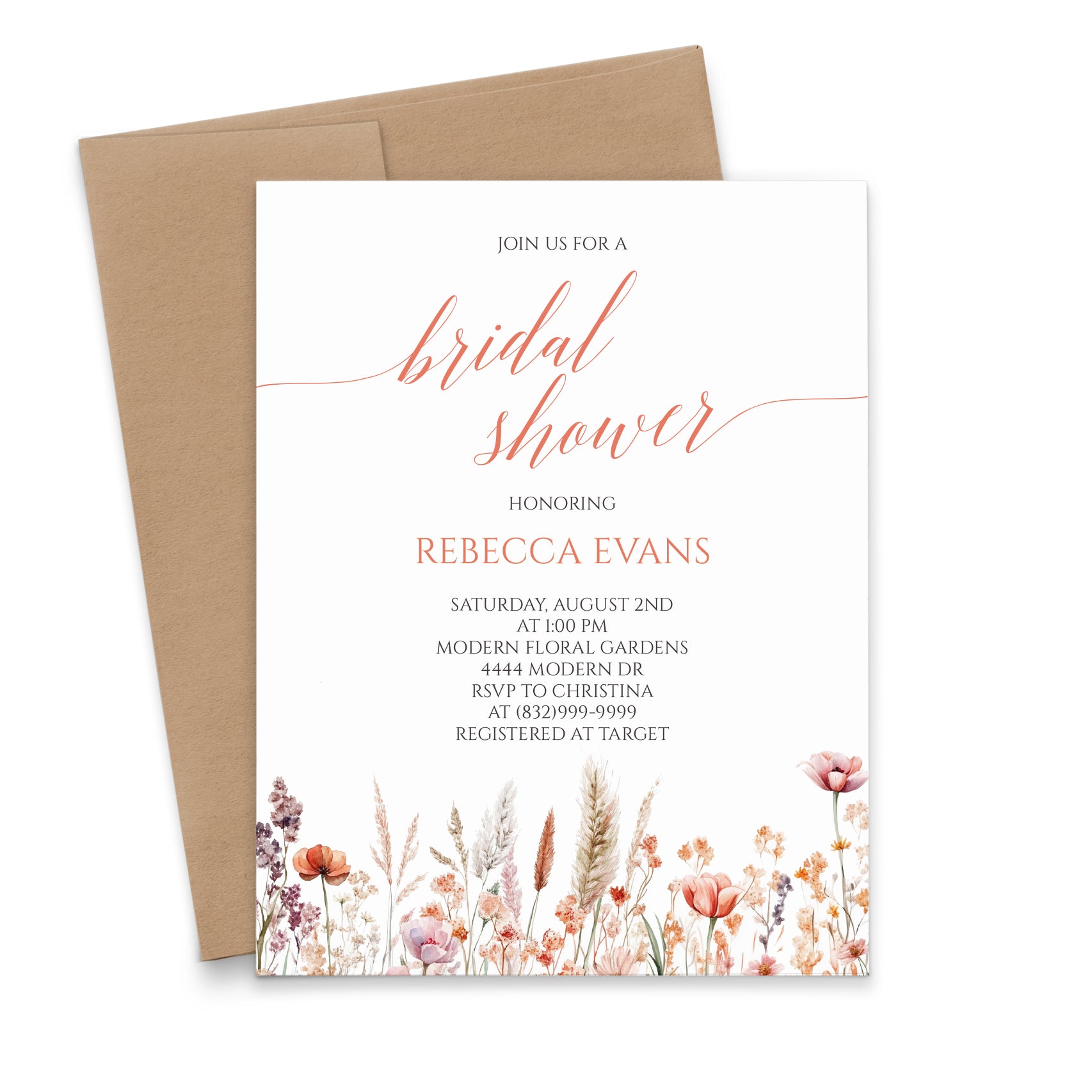 Boho Chic Bridal Shower Invitations With Pampas Grass