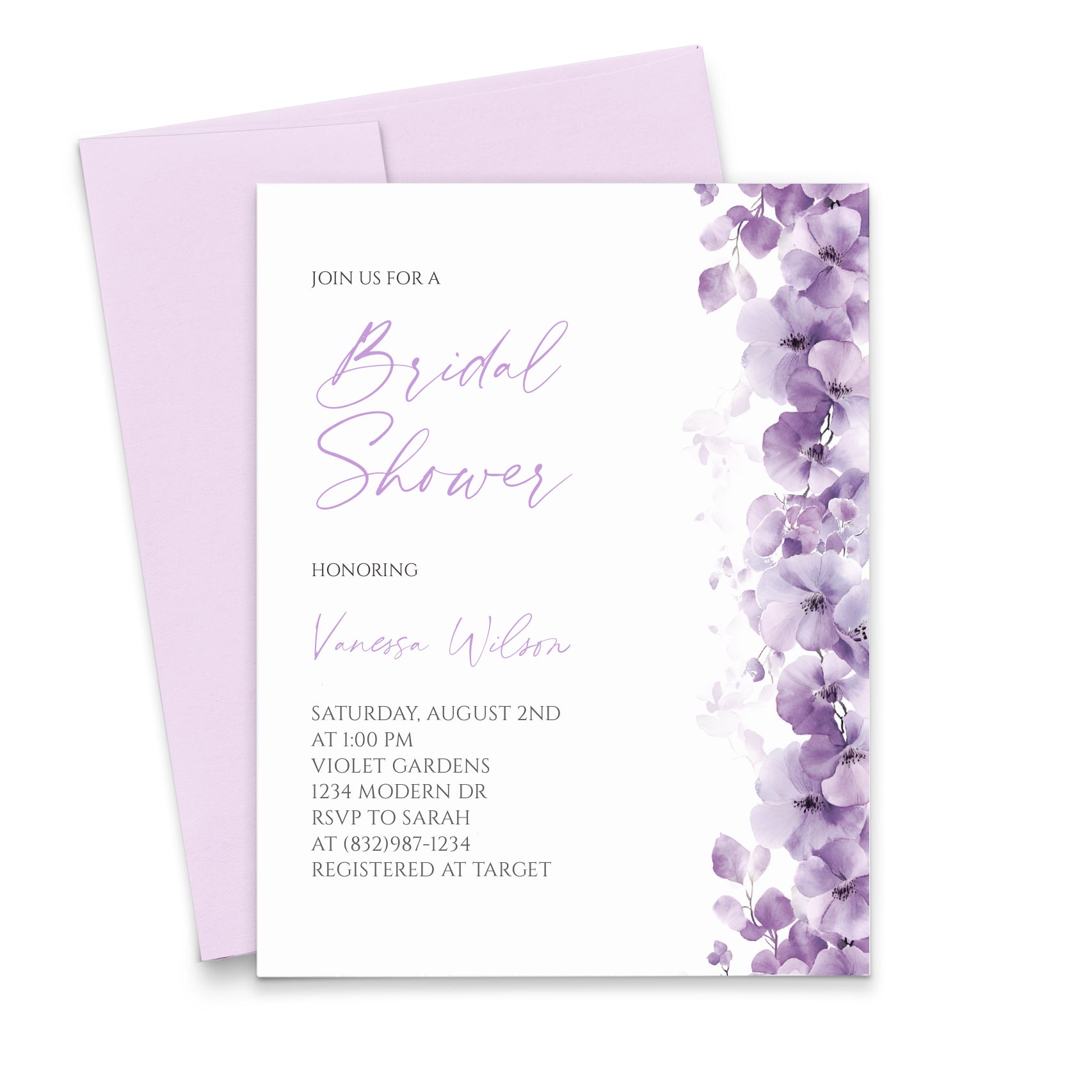 Classy Purple Floral Bridal Shower Invitations 