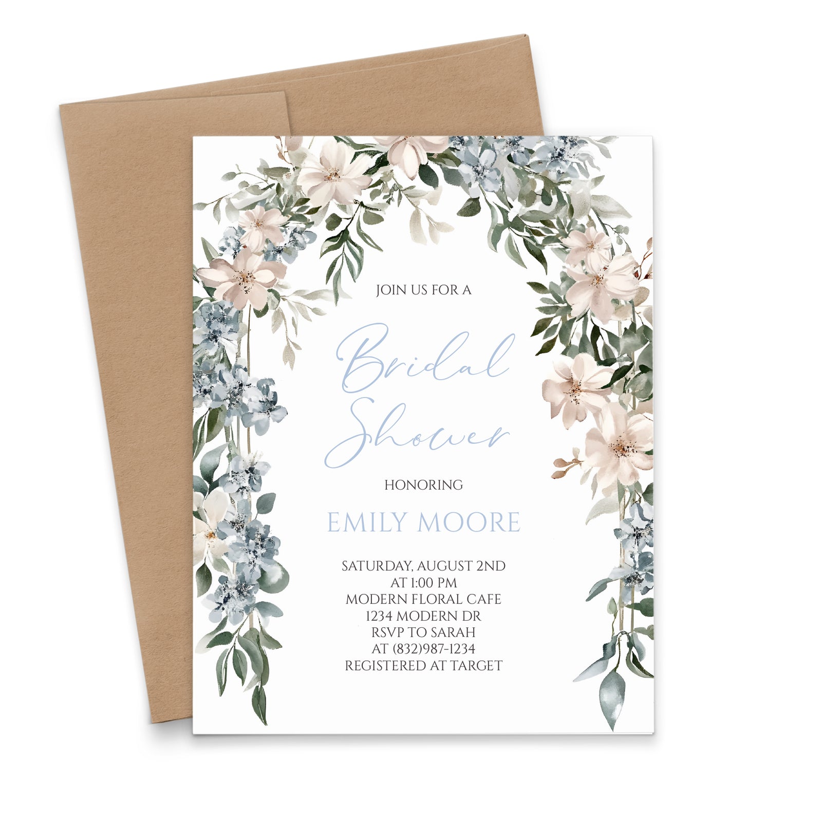 Dusty Blue Bridal Shower Invitation With Flowers