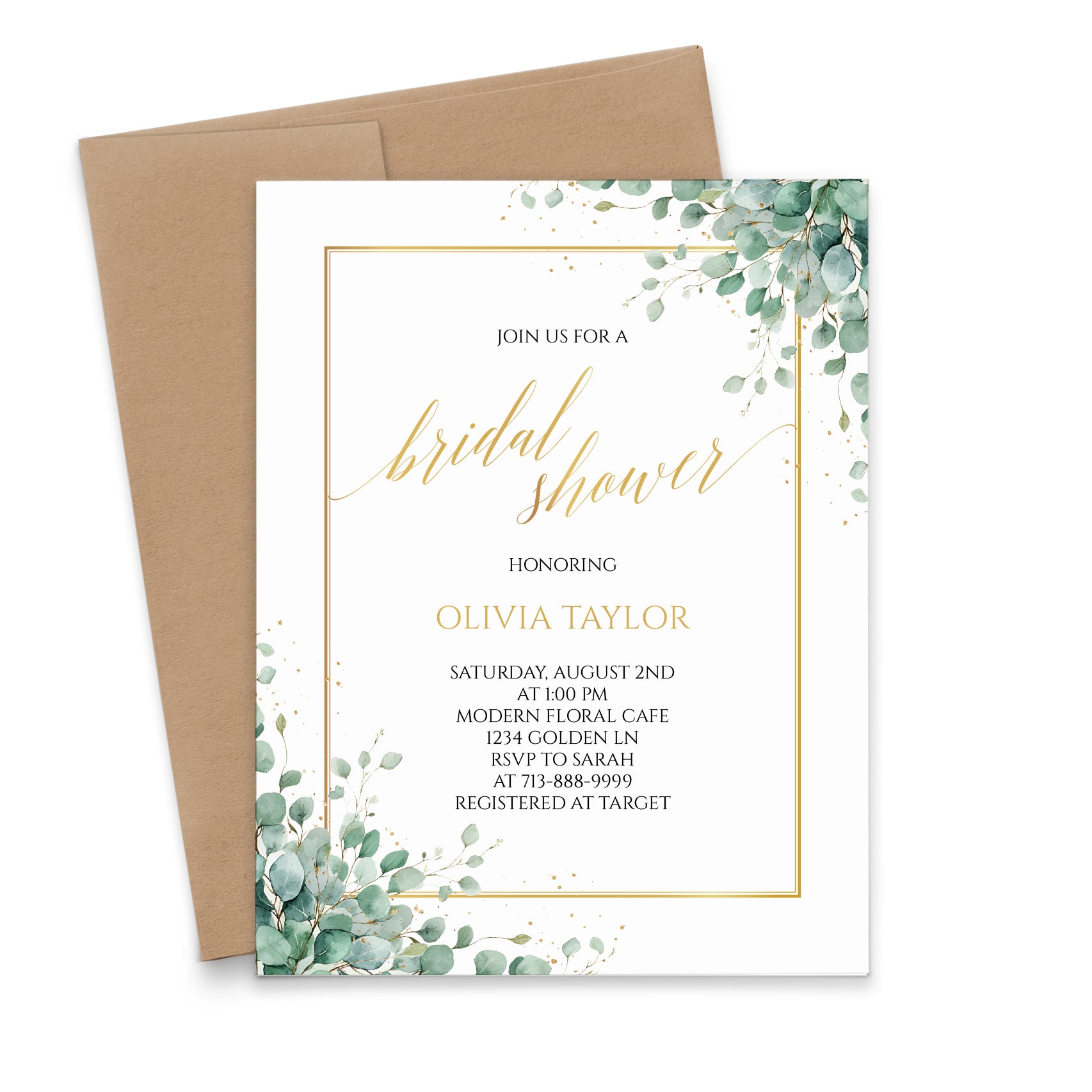 Eucalyptus Theme Bridal Shower Invitations With Border