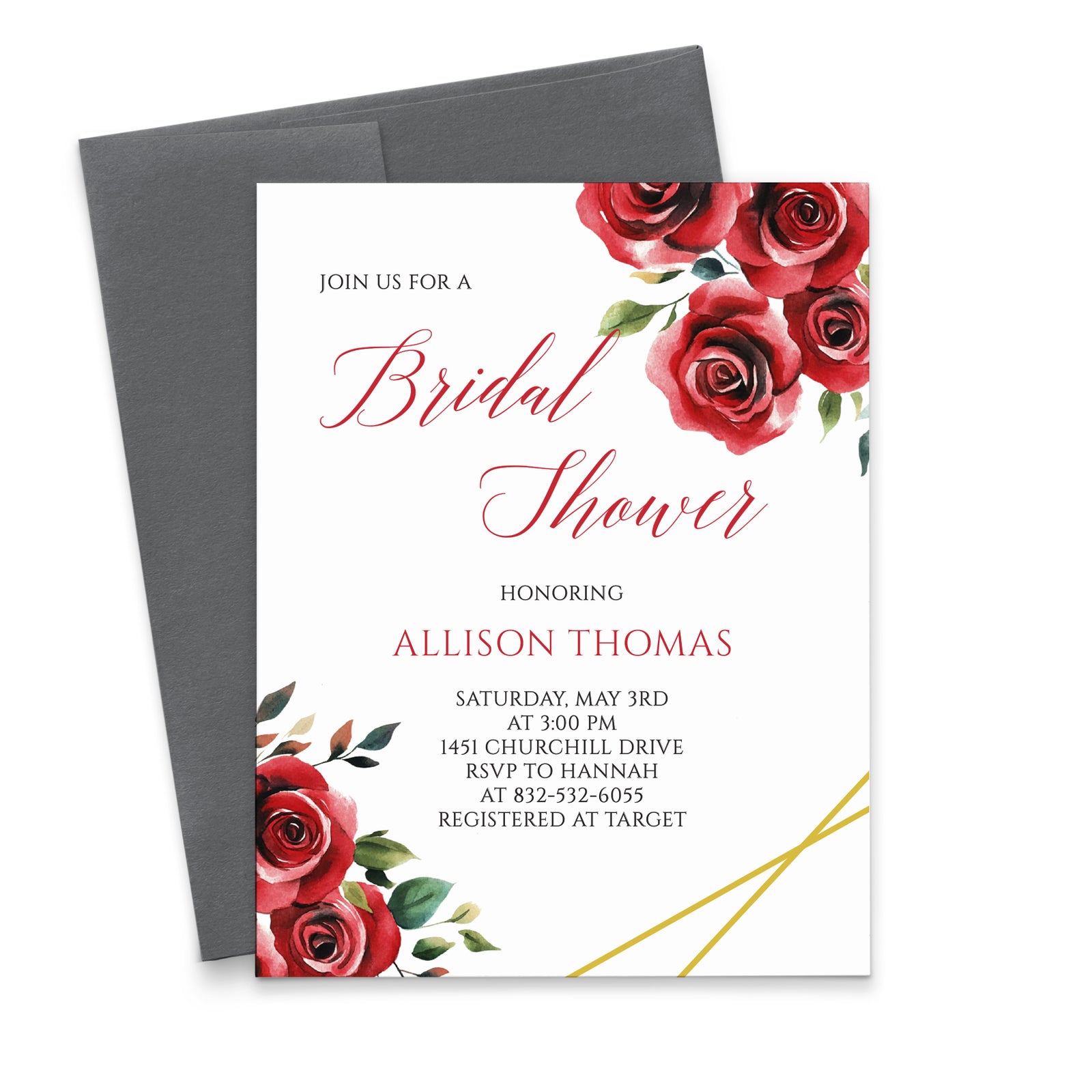 Red Rose Themed Custom Bridal Shower Invitations Elegant