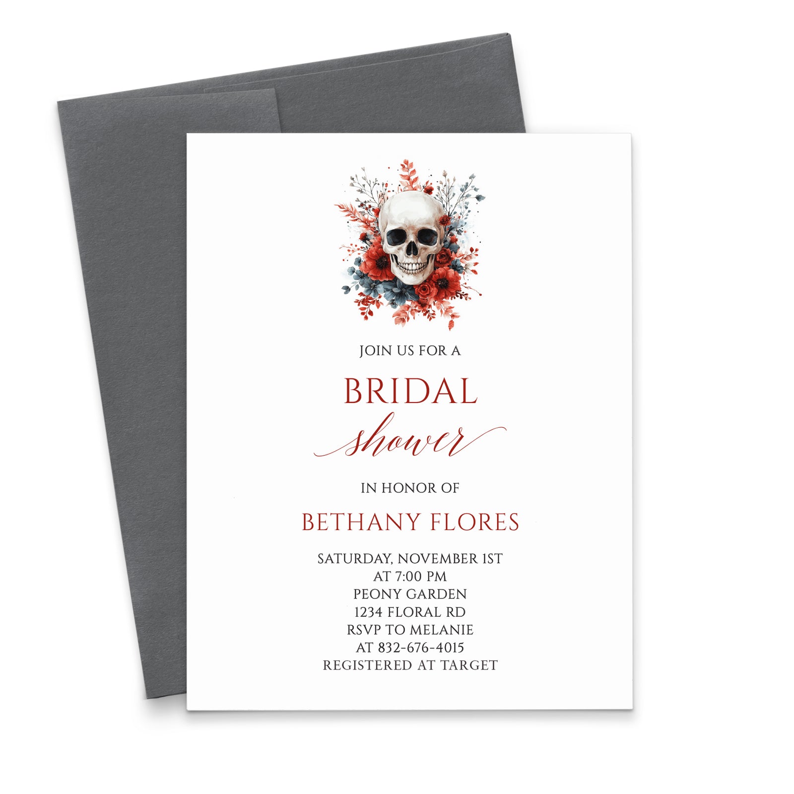 Skull and Red Floral Bridal Shower Invitations