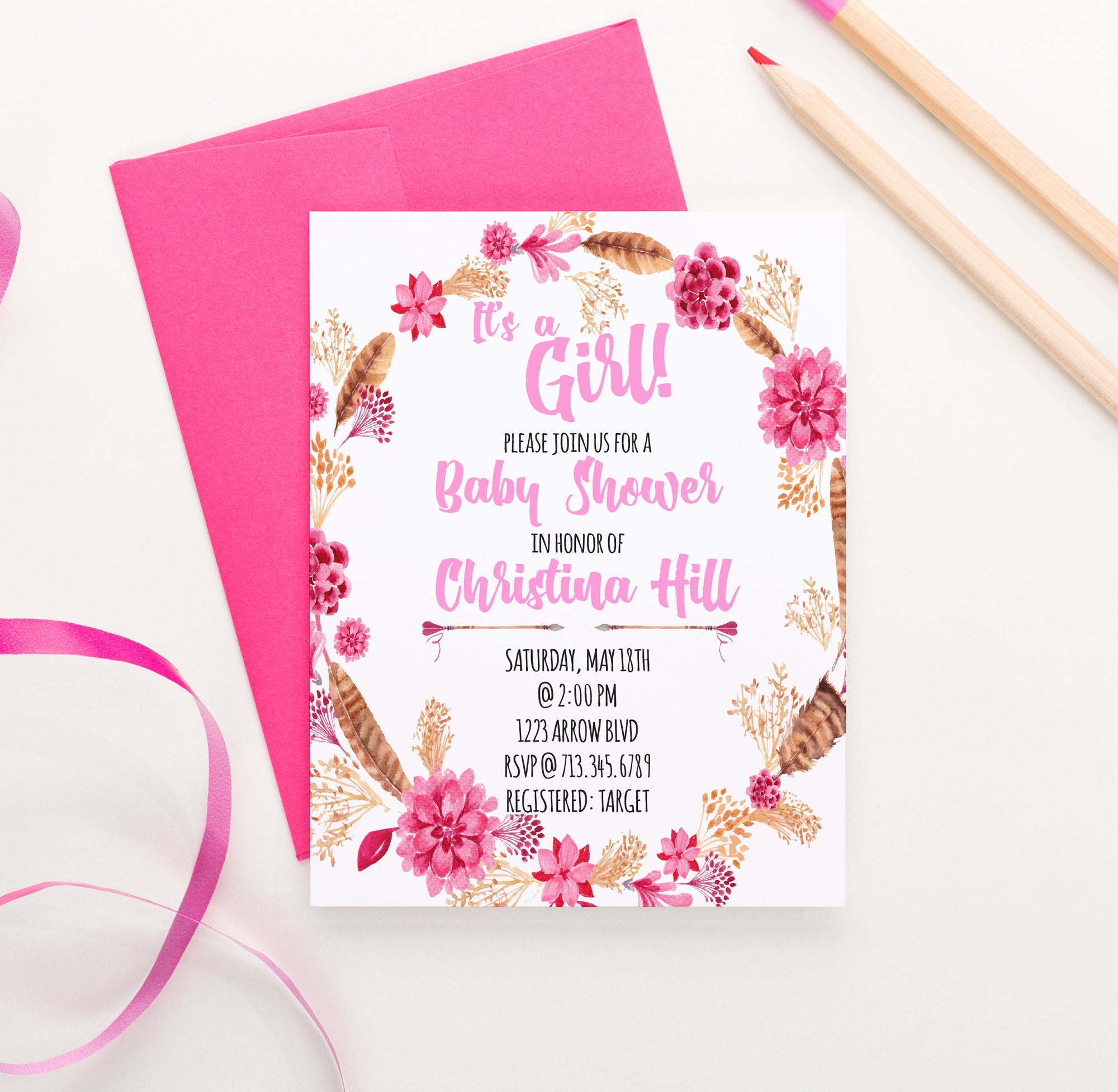 Boho Pink Floral Baby Shower Invitations With Feathers