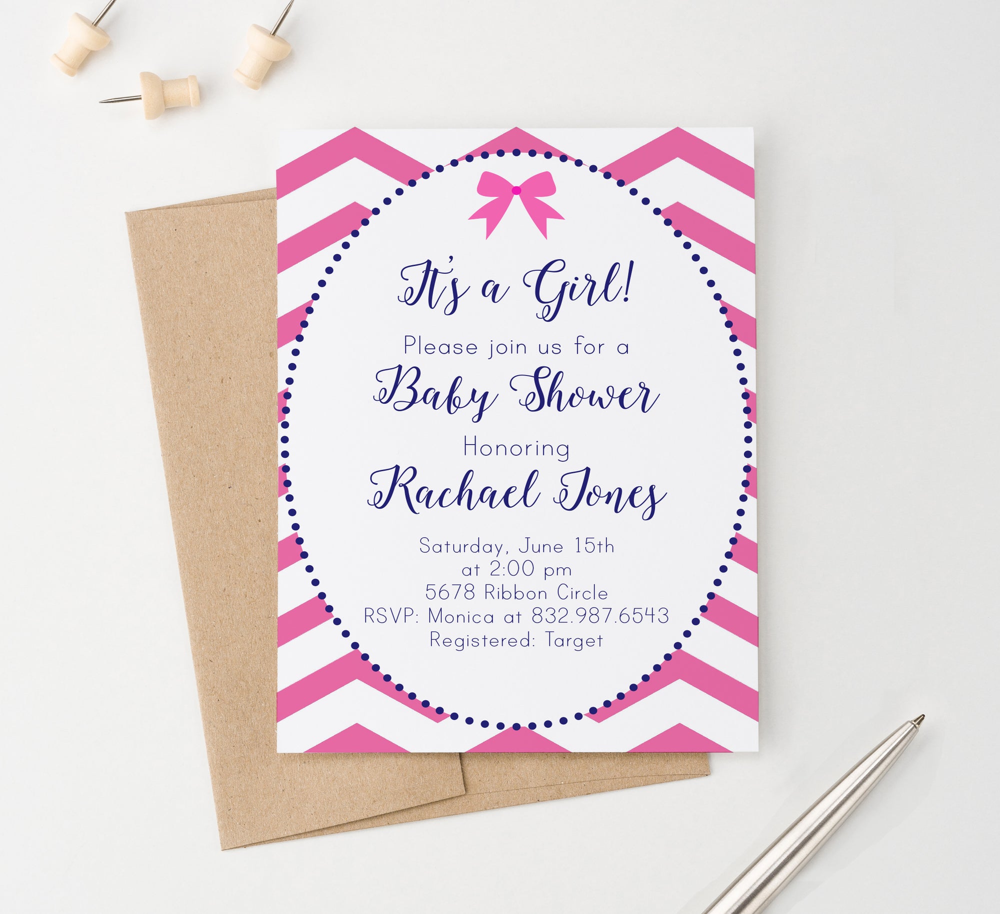Personalized Pink Chevron Baby Shower Invites With Polka Dot Frame